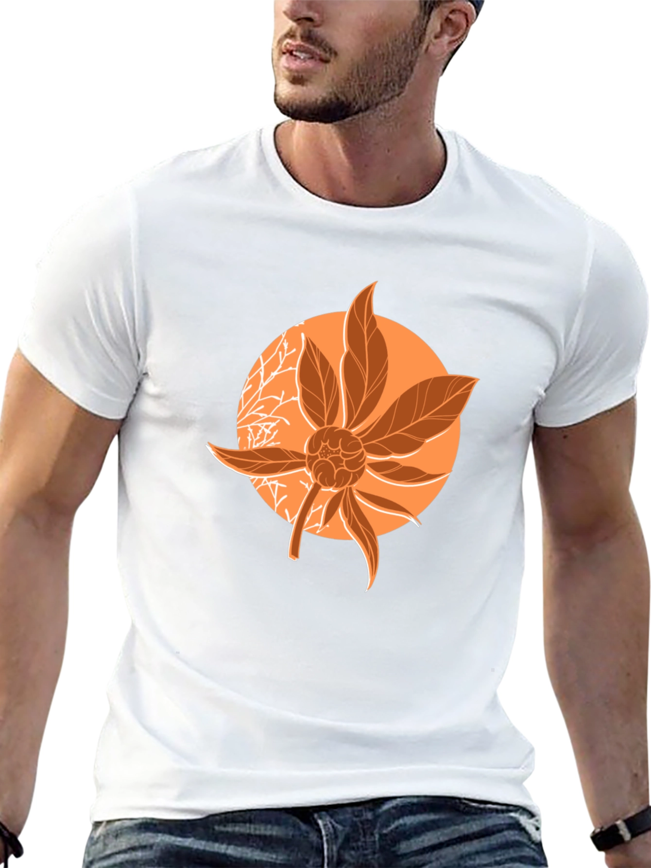Orange Floral Graphic Print Black T-Shirt
