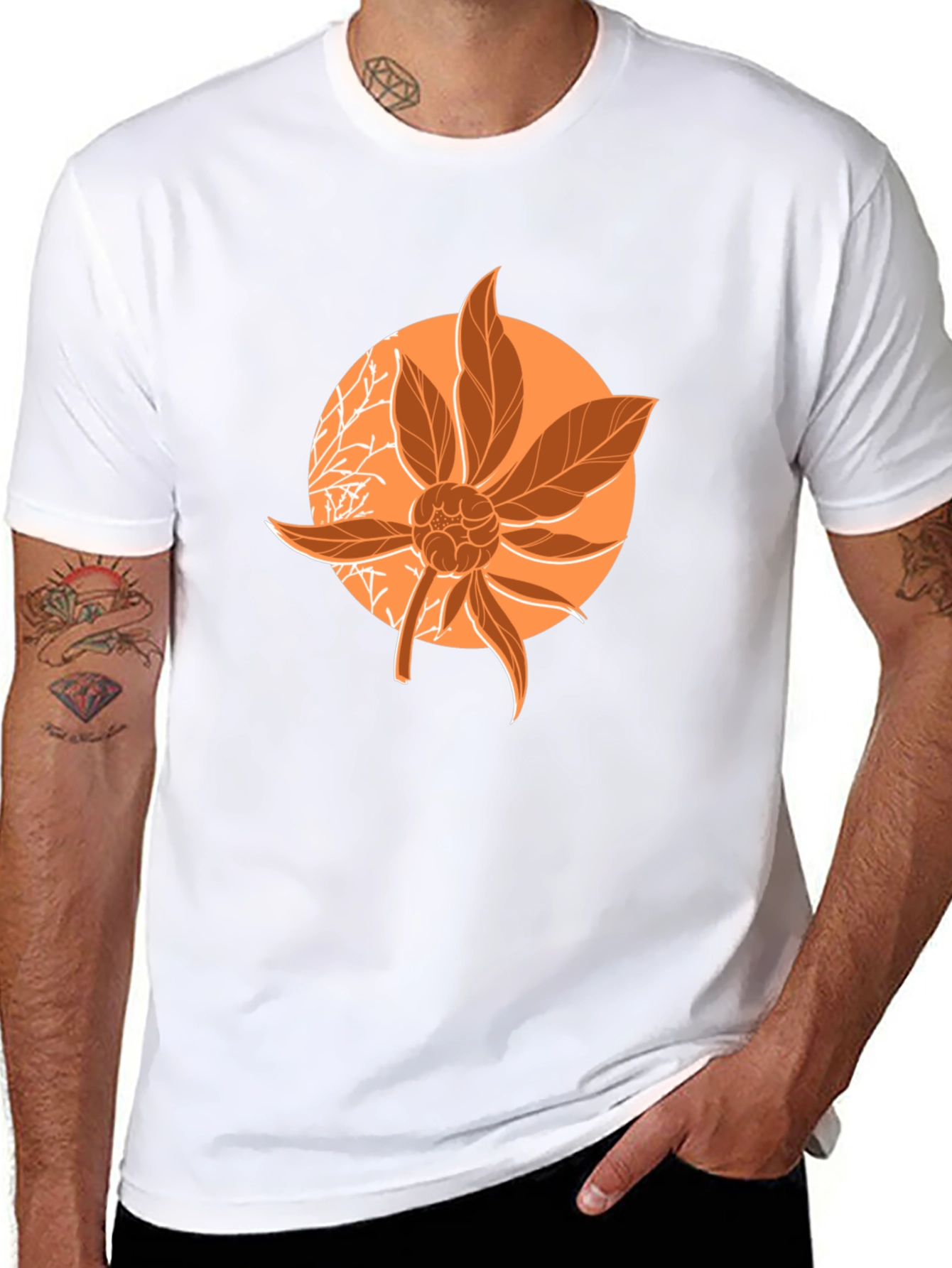 Orange Floral Graphic Print Black T-Shirt