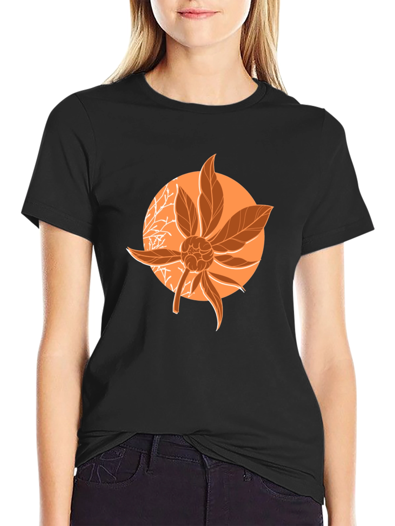 Orange Floral Graphic Print Black T-Shirt