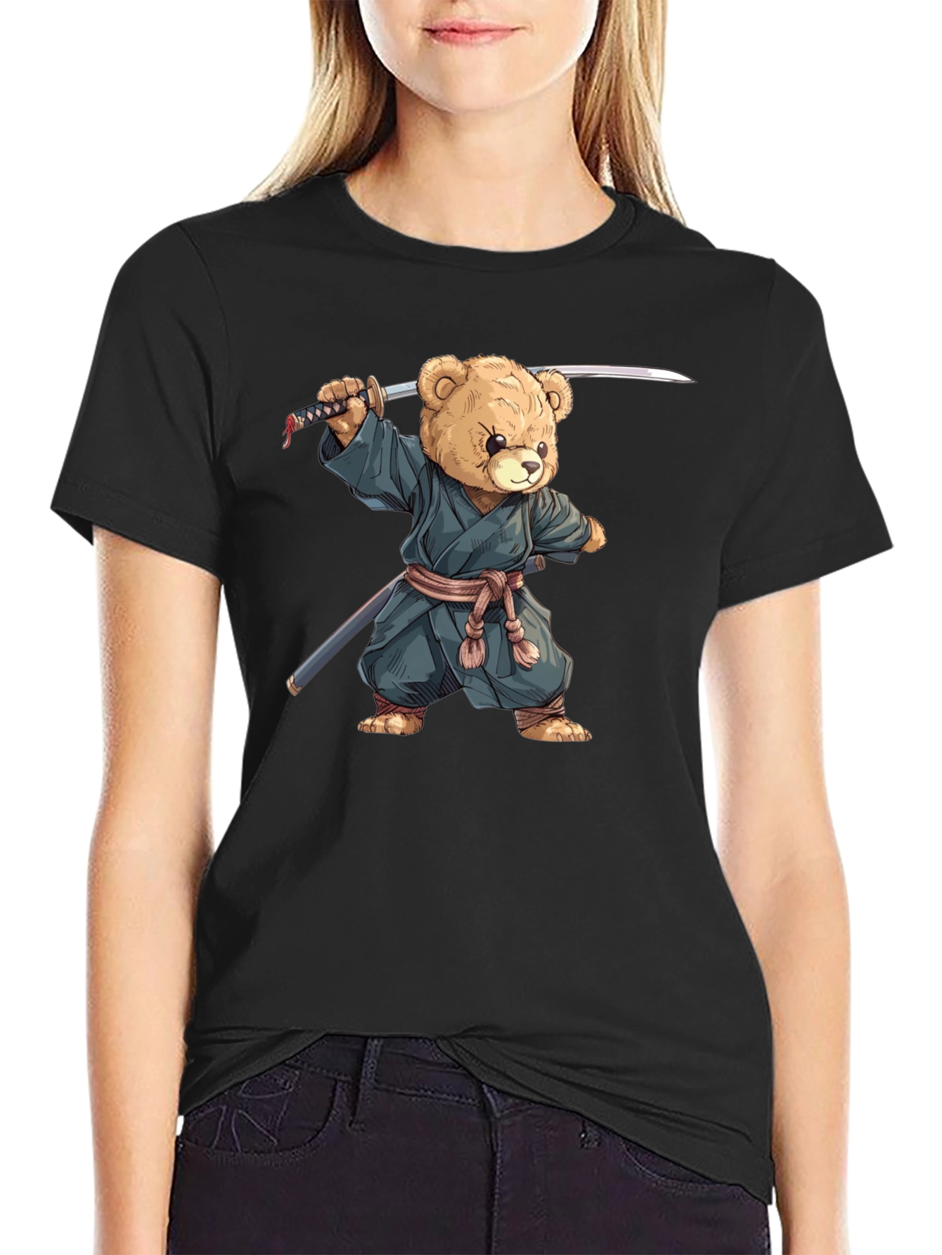 Samurai Teddy Bear Graphic Tee - Black Cotton T-Shirt