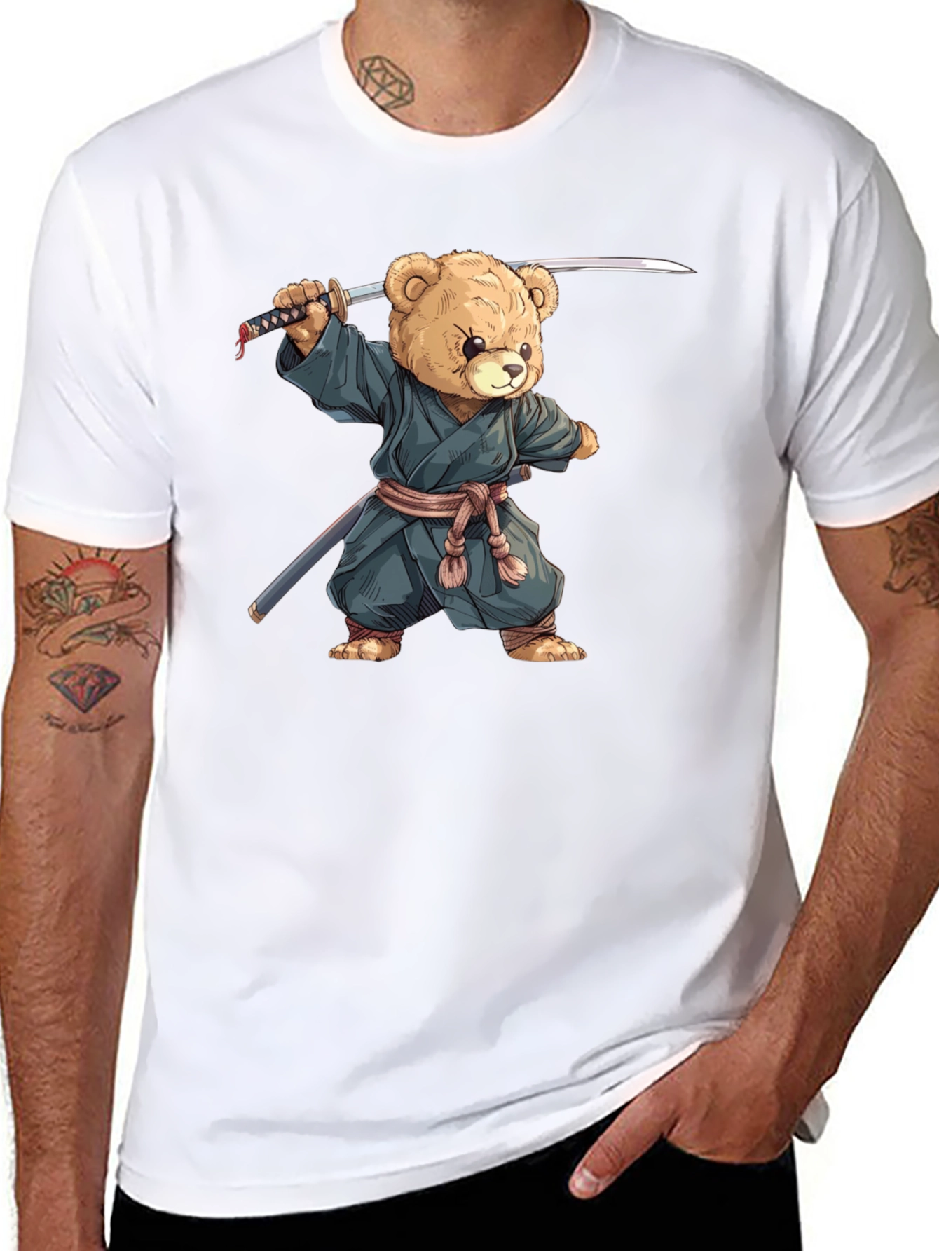 Samurai Teddy Bear Graphic Tee - Black Cotton T-Shirt