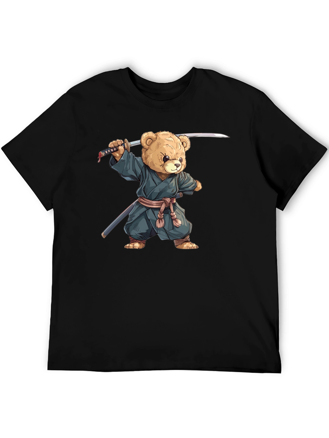 Samurai Teddy Bear Graphic Tee - Black Cotton T-Shirt
