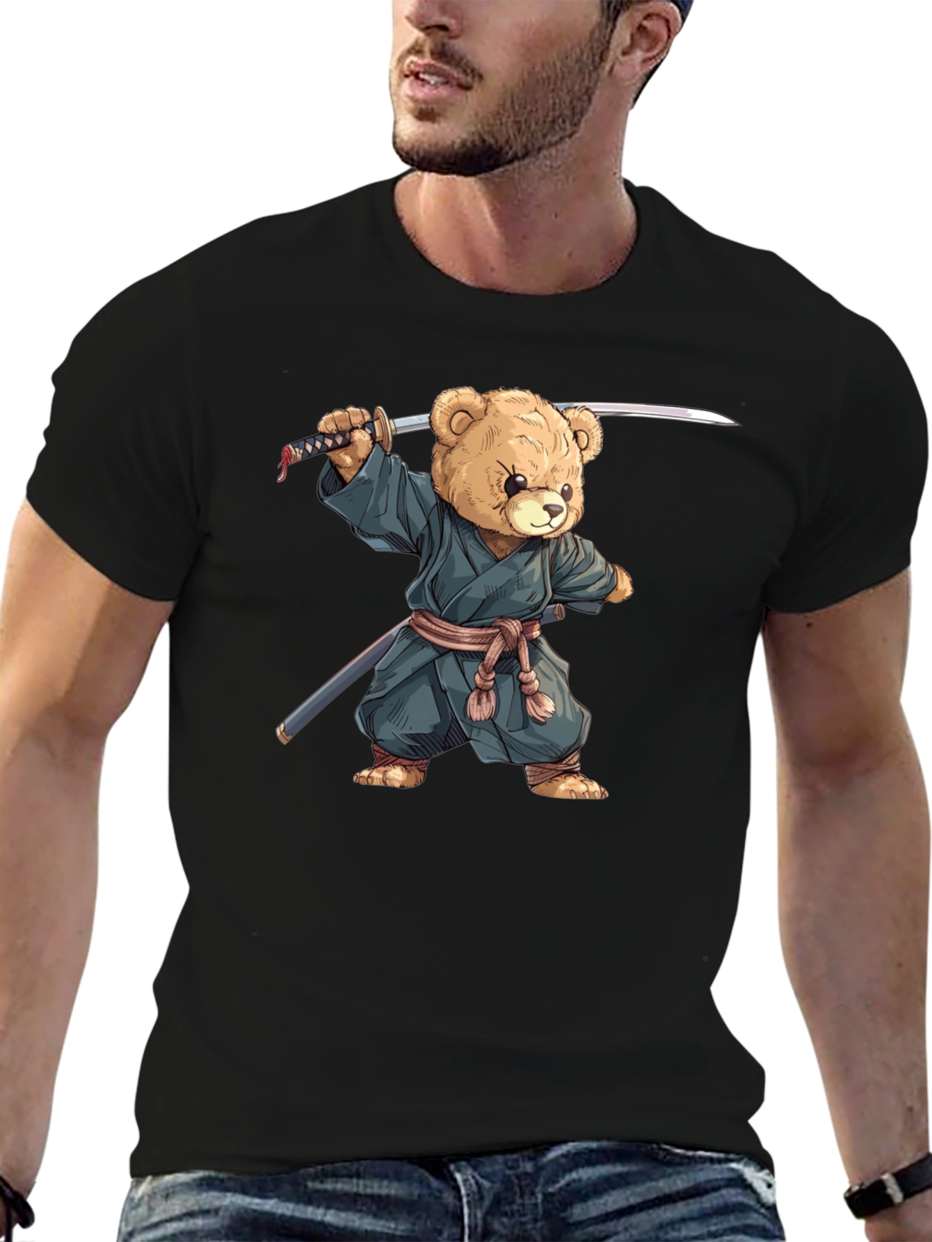 Samurai Teddy Bear Graphic Tee - Black Cotton T-Shirt