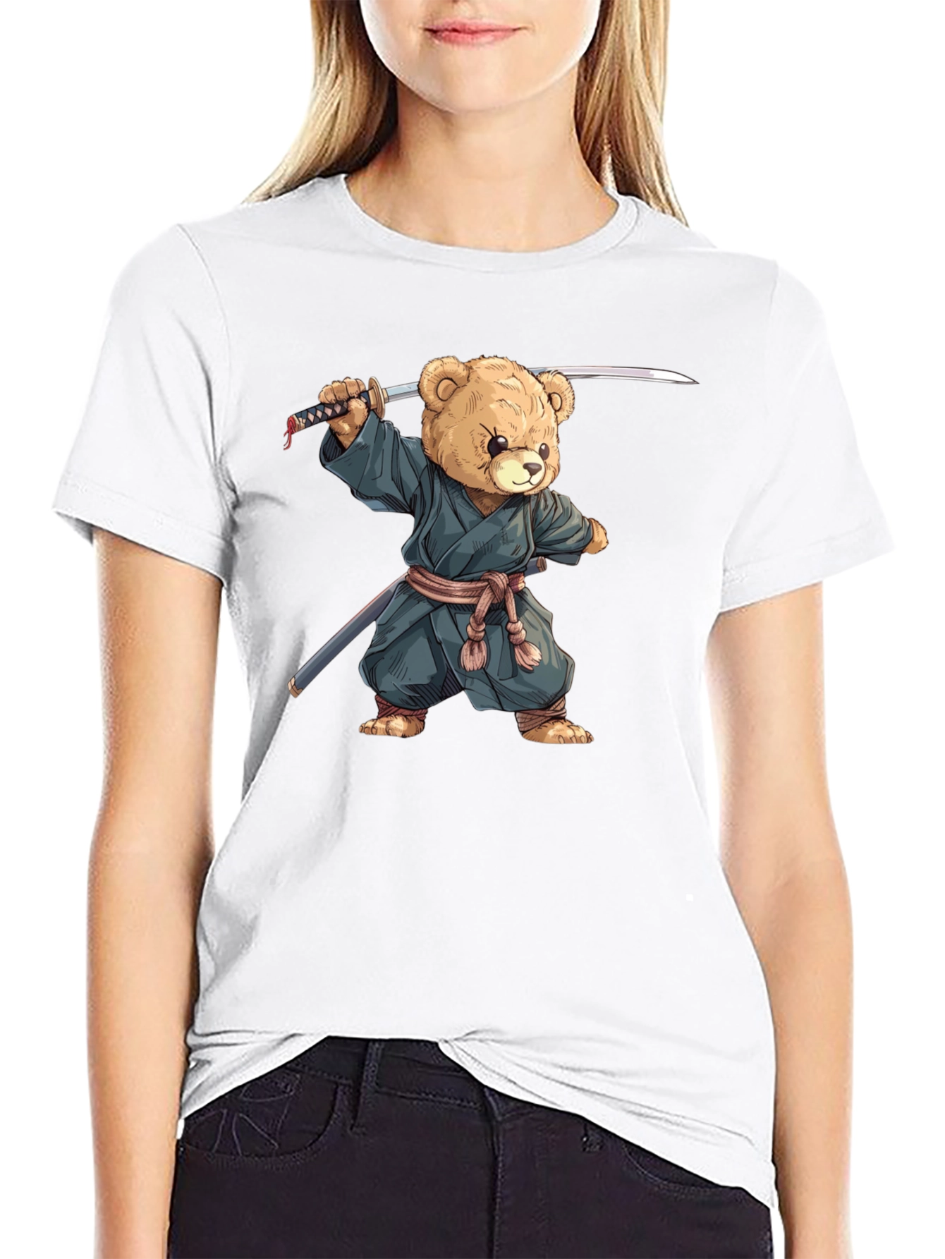 Samurai Teddy Bear Graphic Tee - Black Cotton T-Shirt