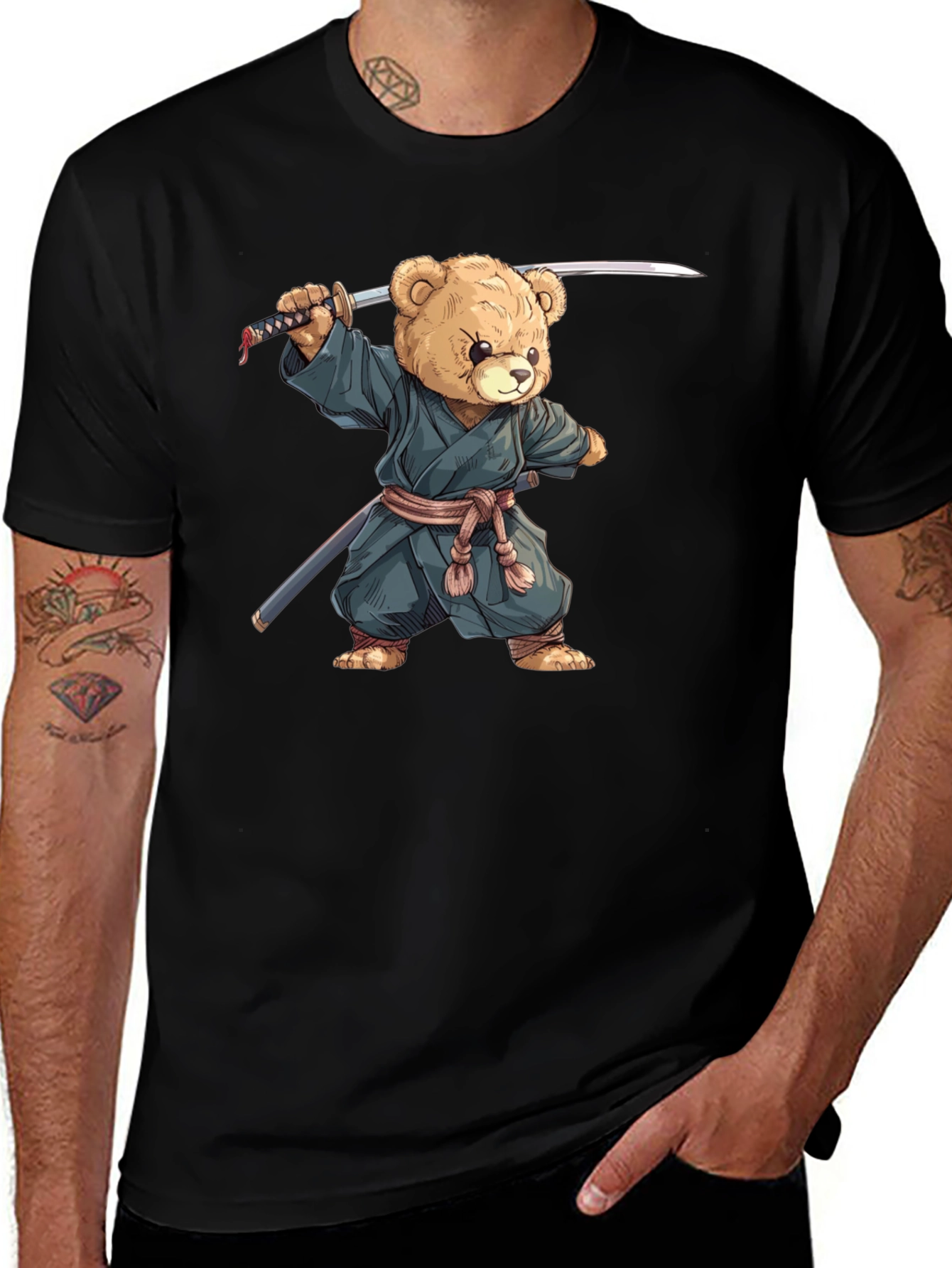 Samurai Teddy Bear Graphic Tee - Black Cotton T-Shirt