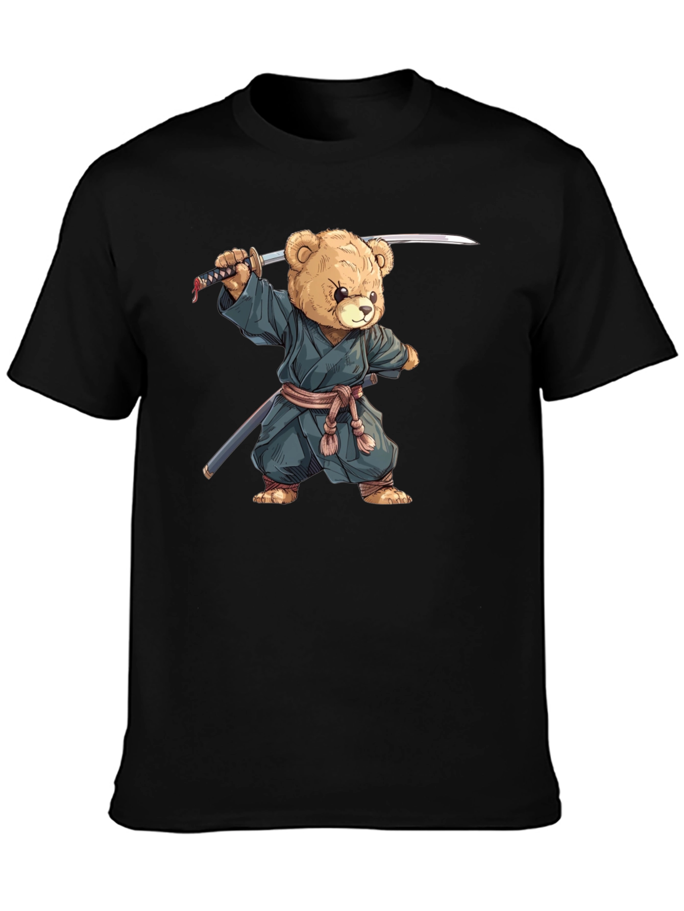 Samurai Teddy Bear Graphic Tee - Black Cotton T-Shirt