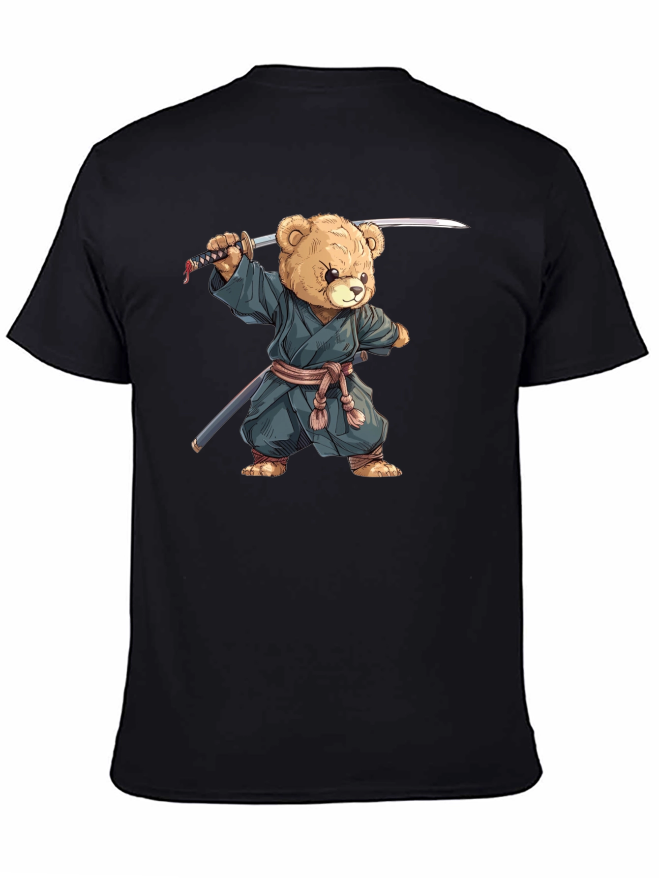 Samurai Teddy Bear Graphic Tee - Black Cotton T-Shirt