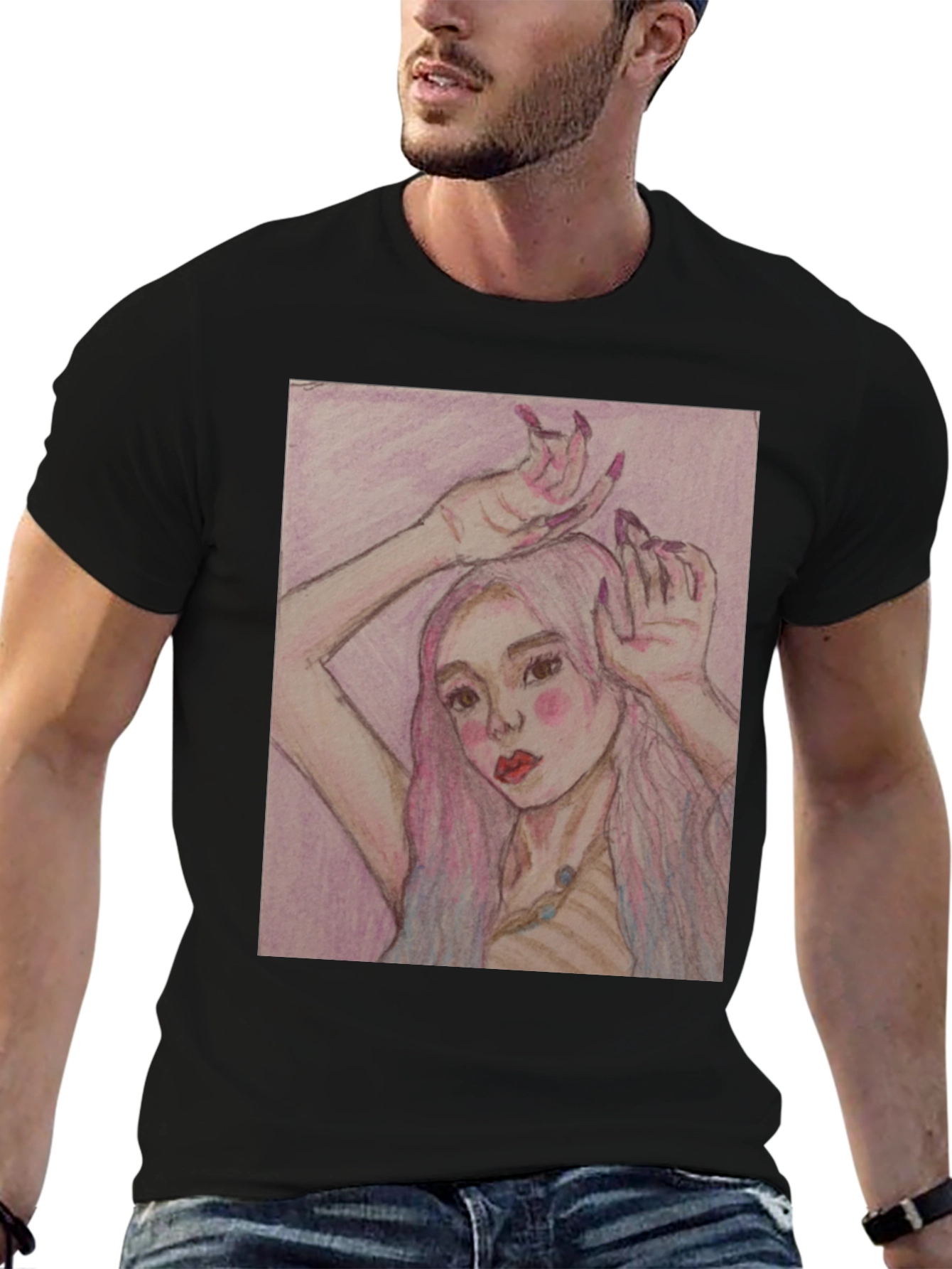Artistic Woman Graphic Print Black T-Shirt