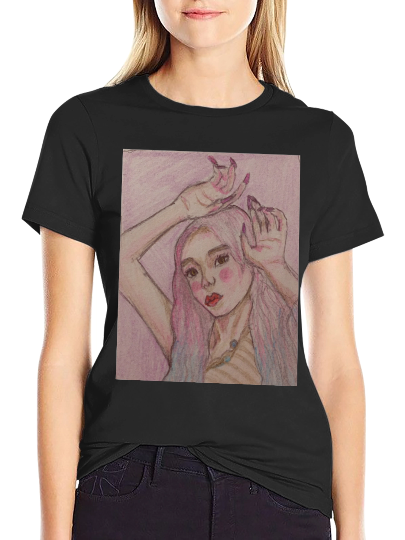 Artistic Woman Graphic Print Black T-Shirt