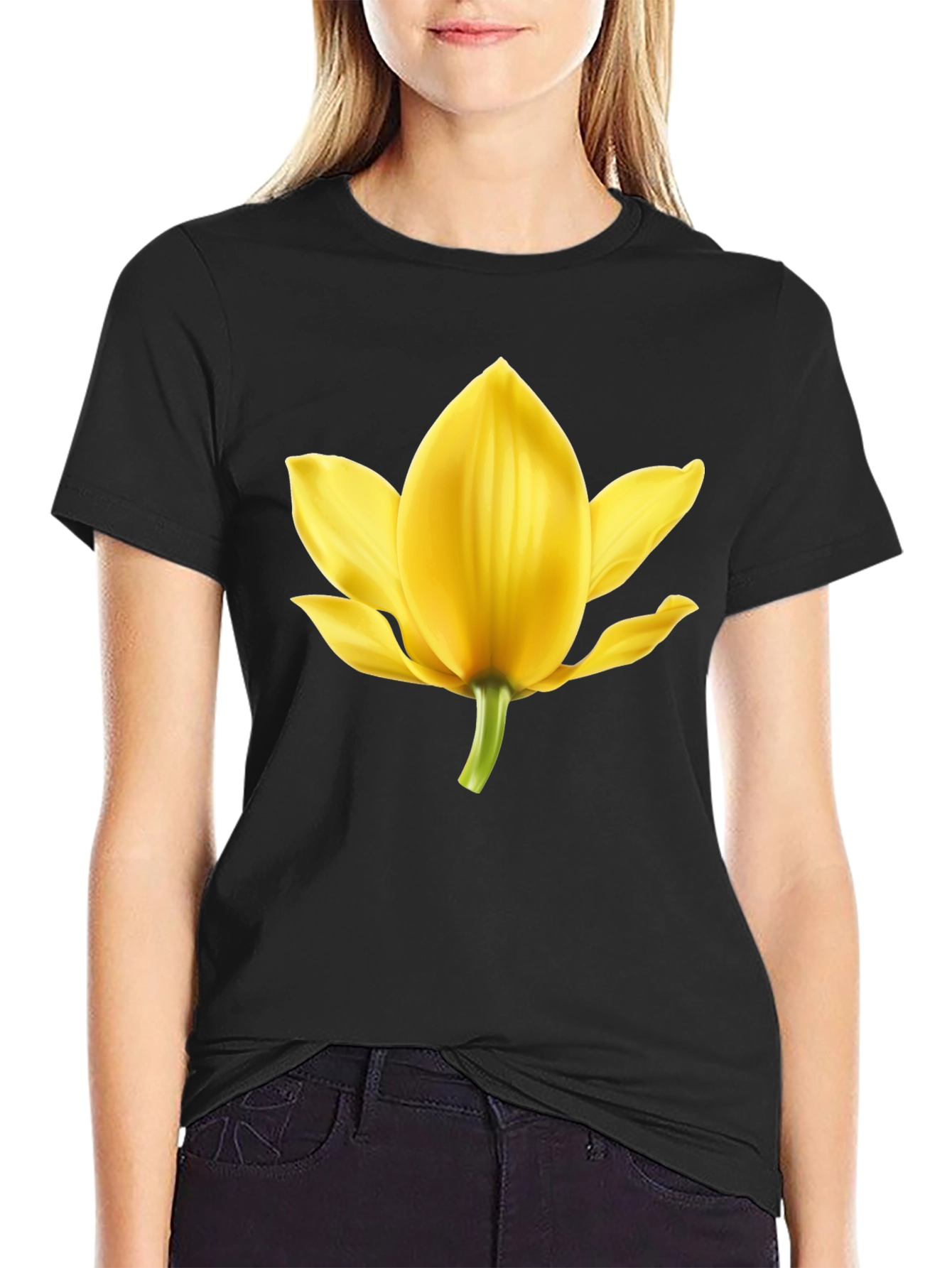 Black T-Shirt with Yellow Flower Graphic