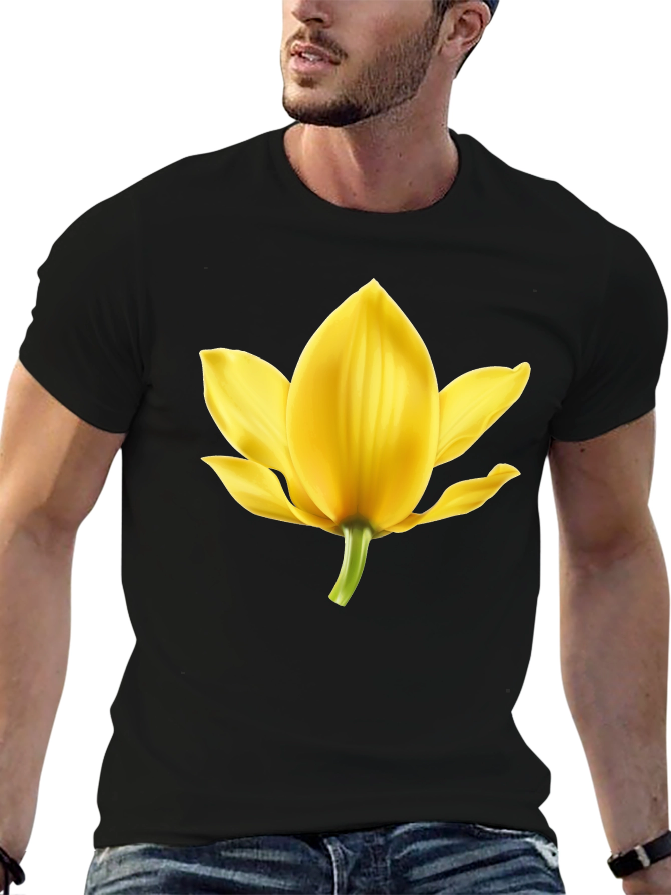 Black T-Shirt with Yellow Flower Graphic