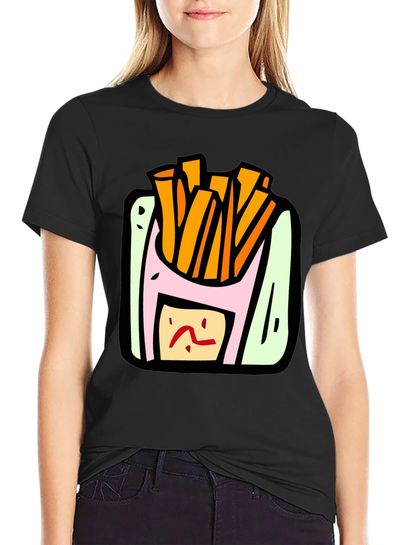 Cartoon Fries Graphic Black T-Shirt