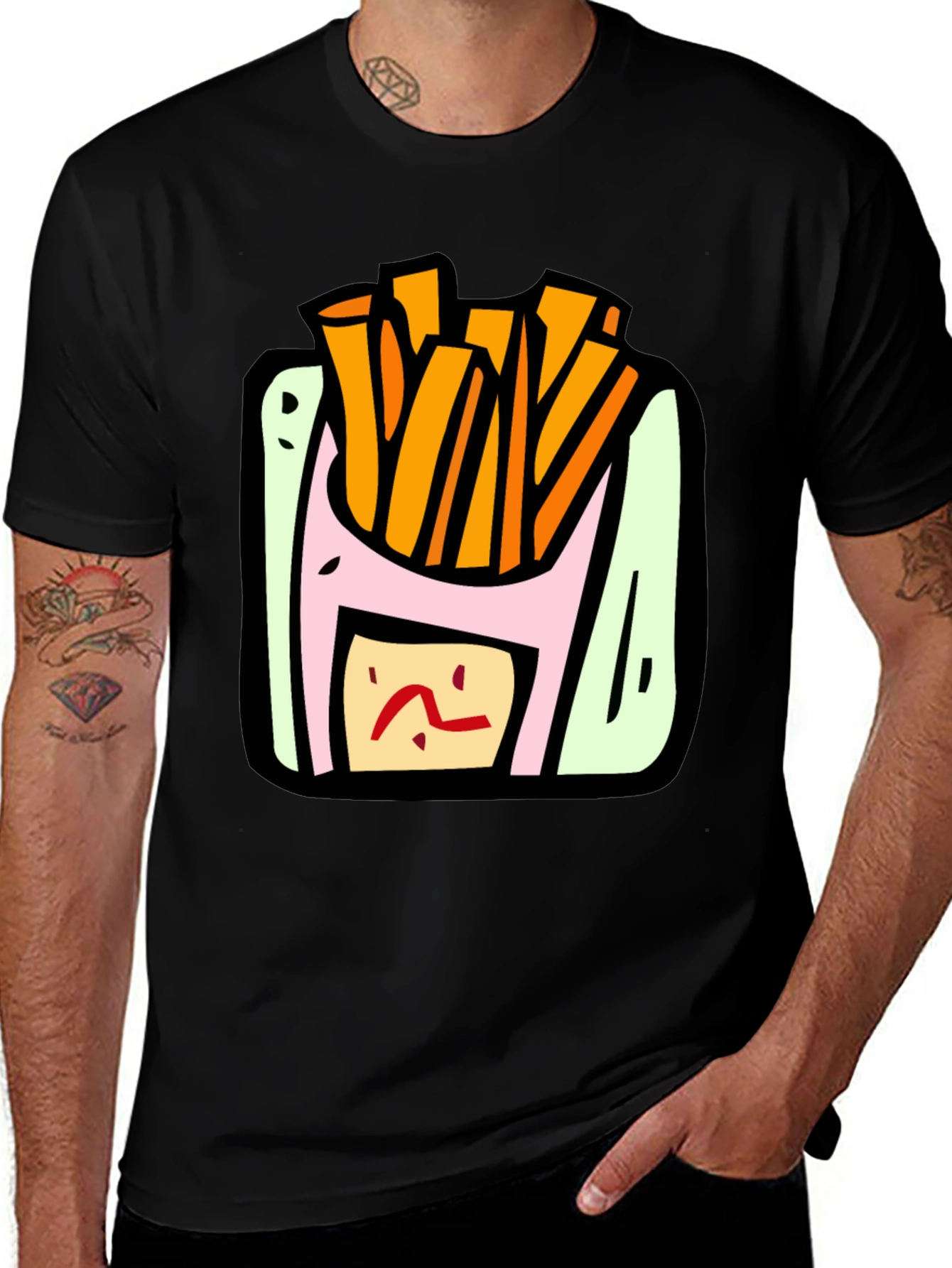 Cartoon Fries Graphic Black T-Shirt