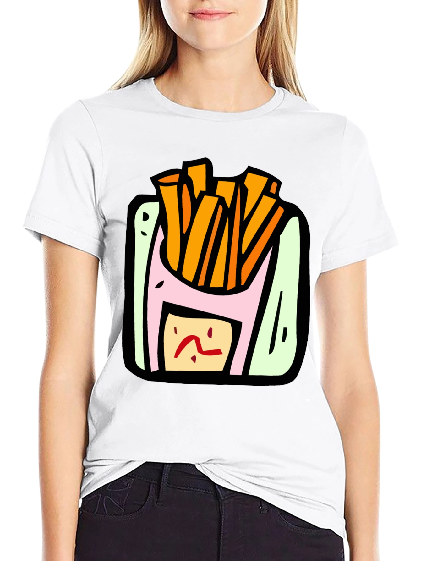 Cartoon Fries Graphic Black T-Shirt