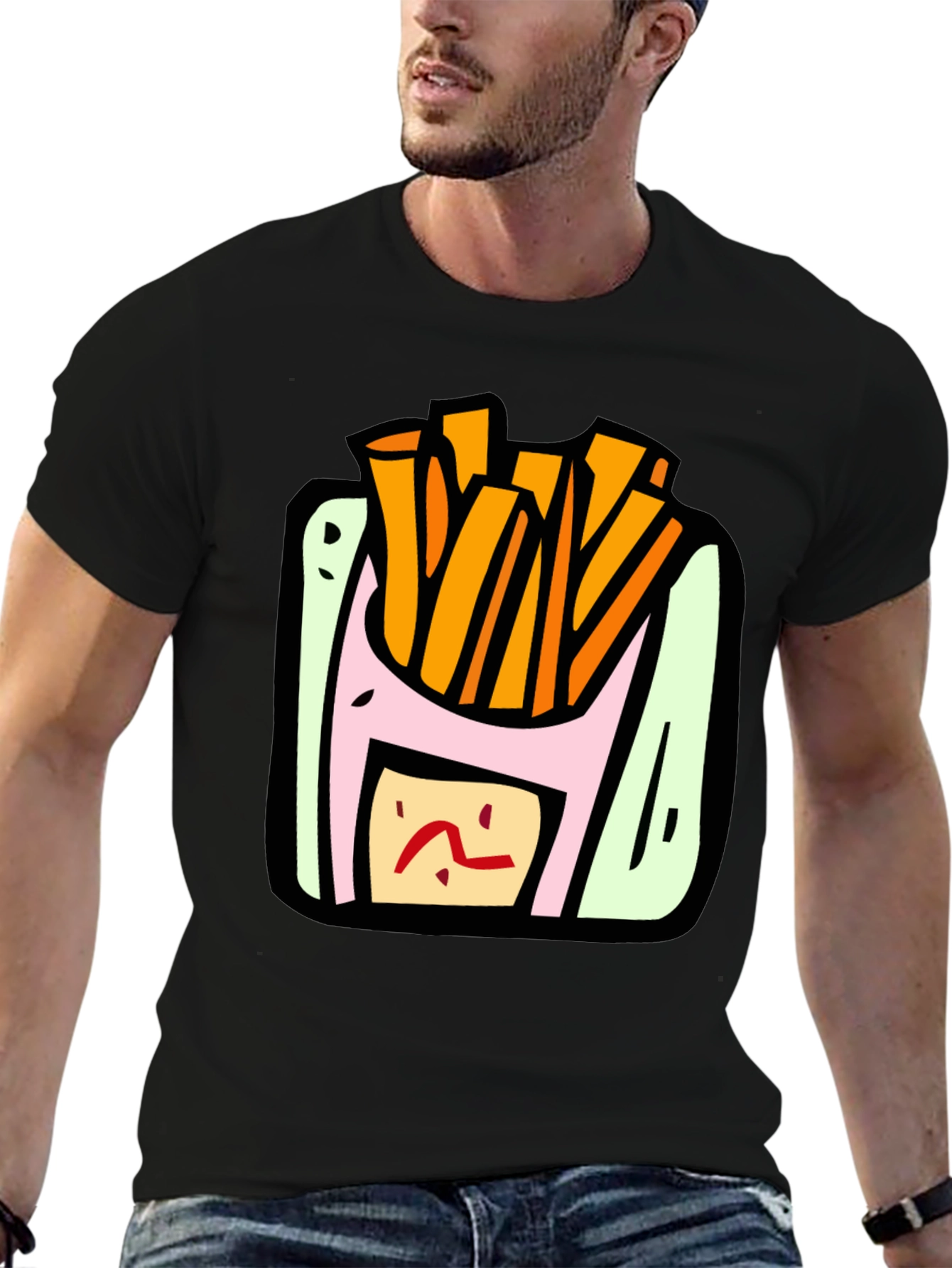 Cartoon Fries Graphic Black T-Shirt