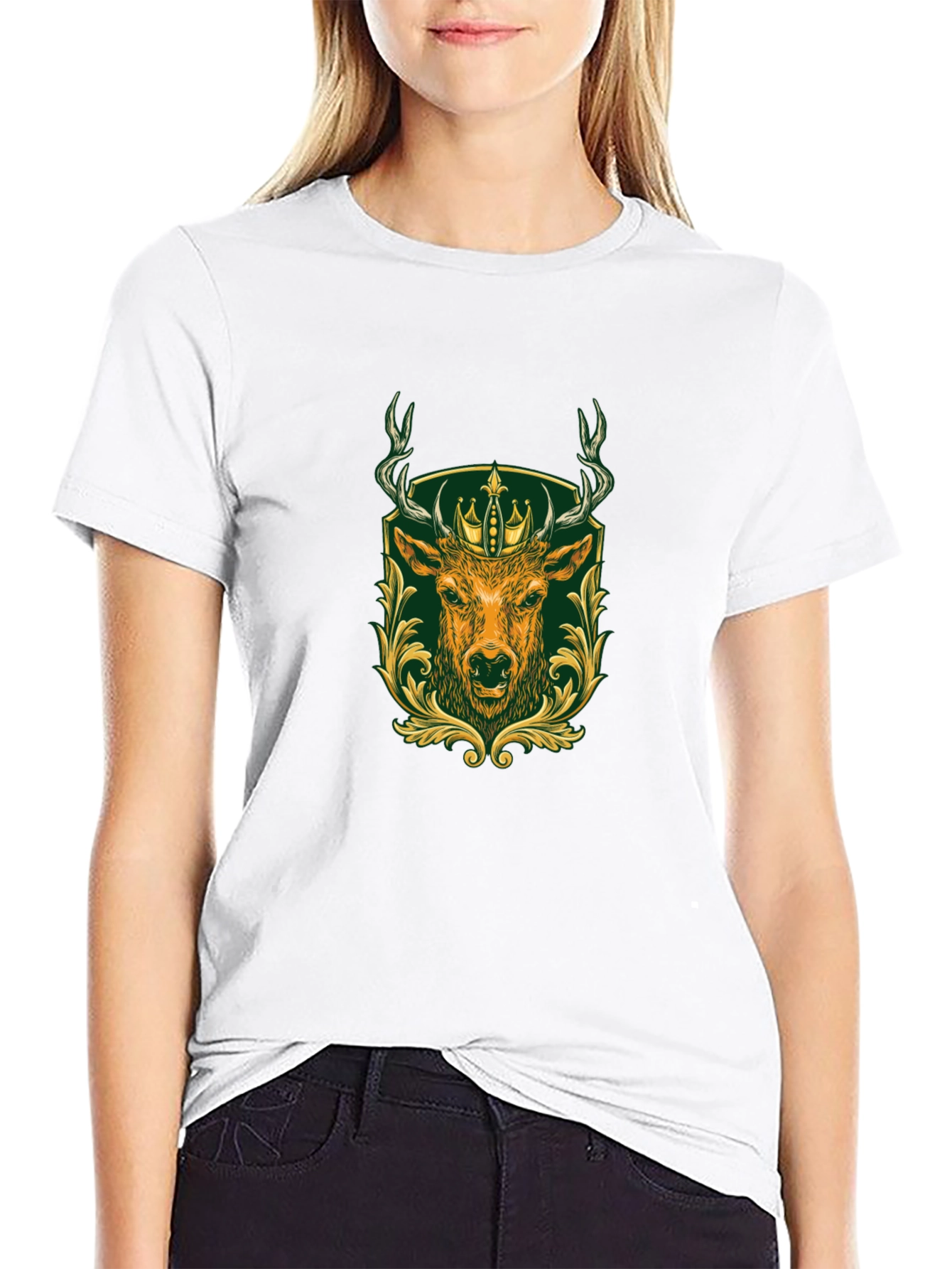 Mens Black Tee with Deer & Crown Graphic