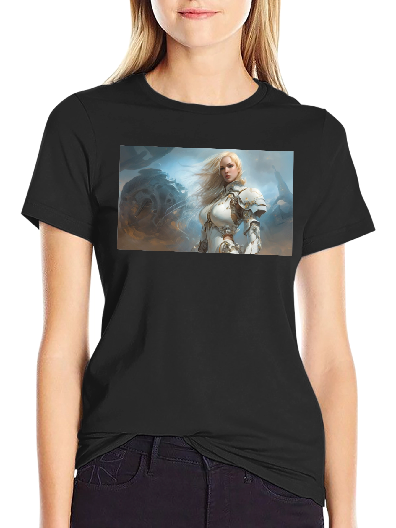 Fantasy Knight Woman T-Shirt Black Cotton Tee
