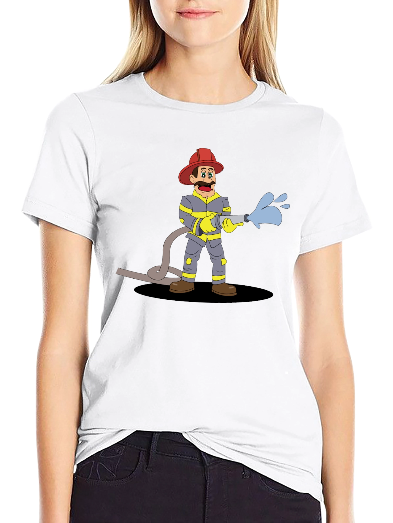Cartoon Fireman Graphic Tee - Black