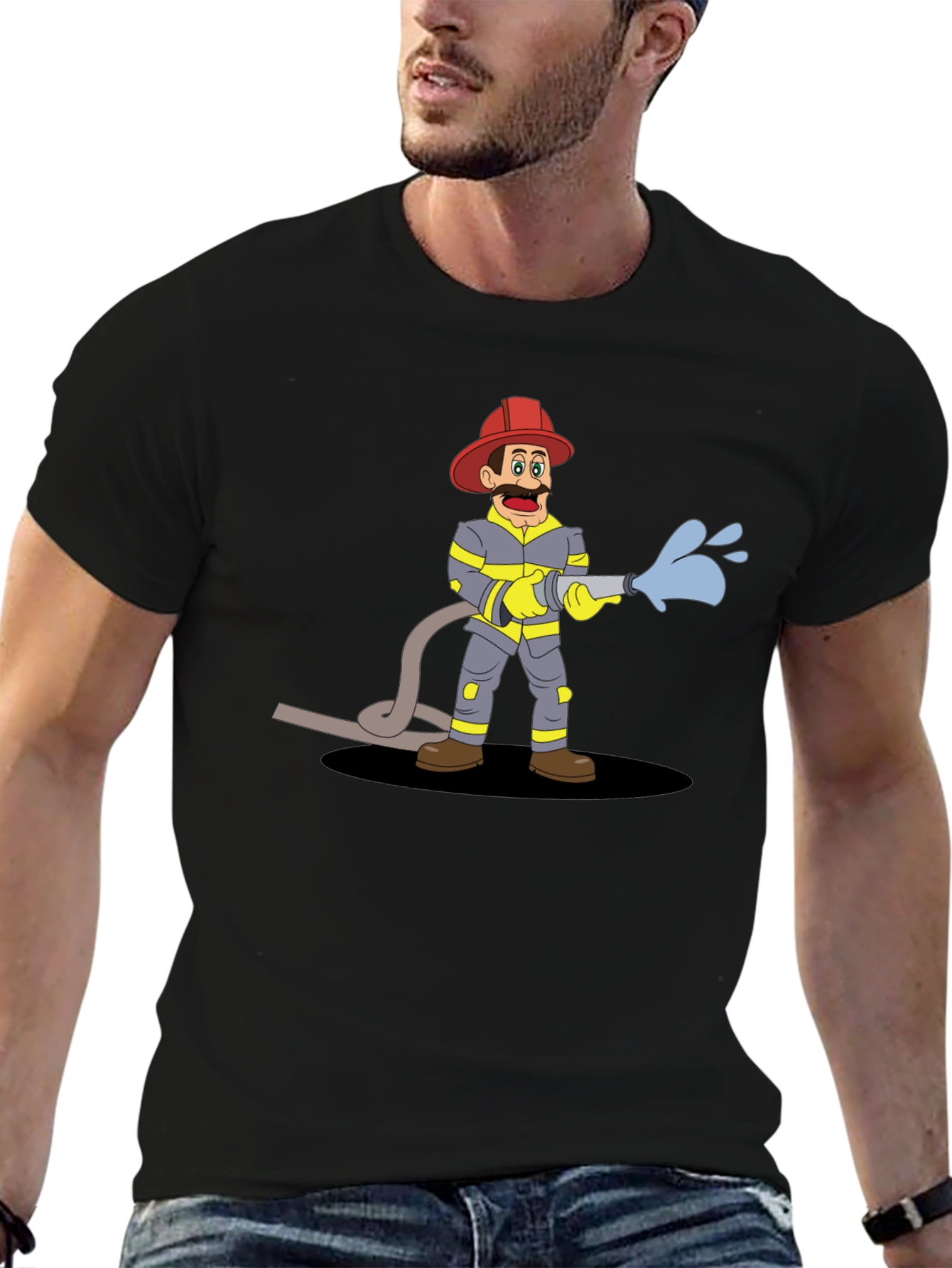 Cartoon Fireman Graphic Tee - Black