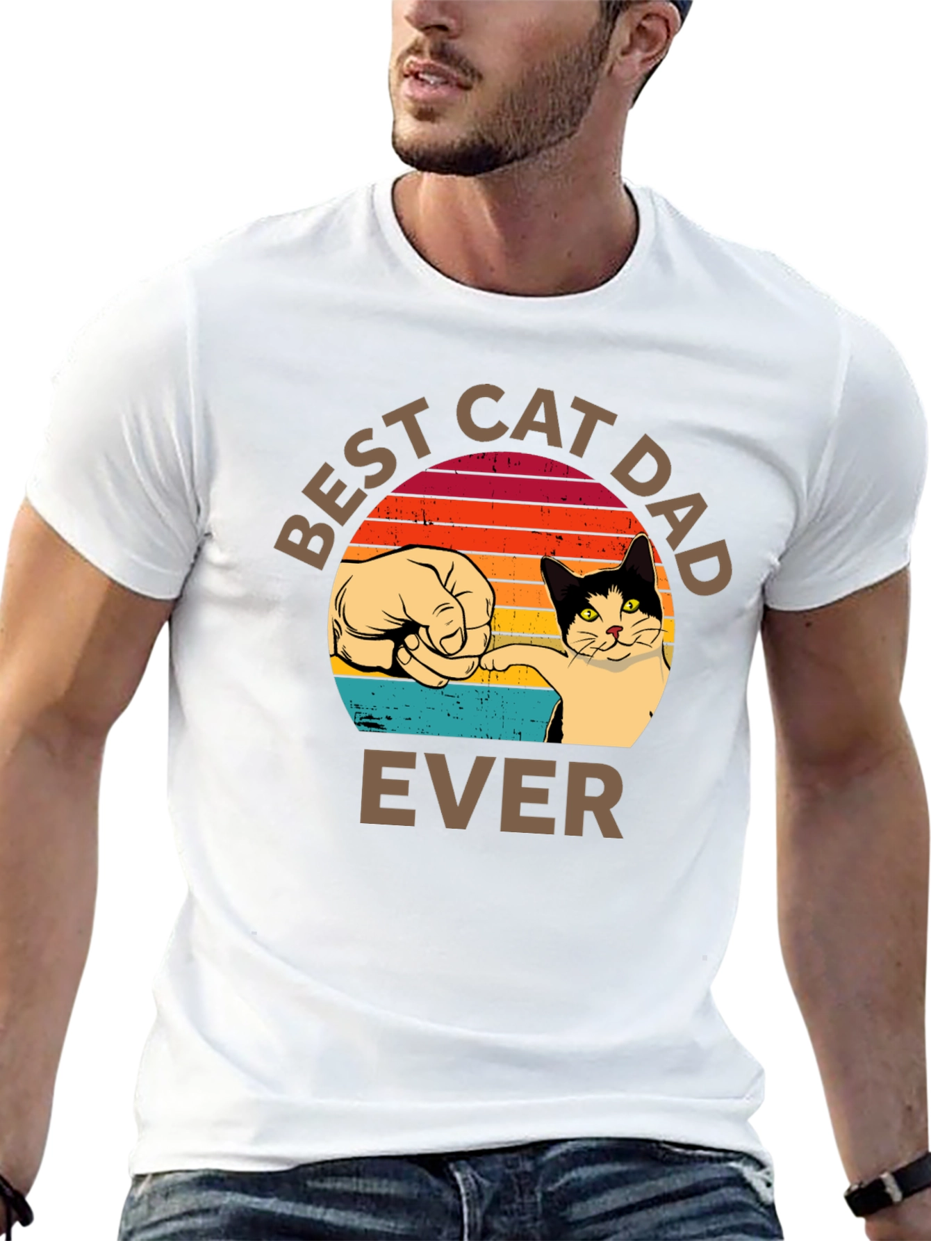 Best Cat Dad Ever T-Shirt Retro Sunset