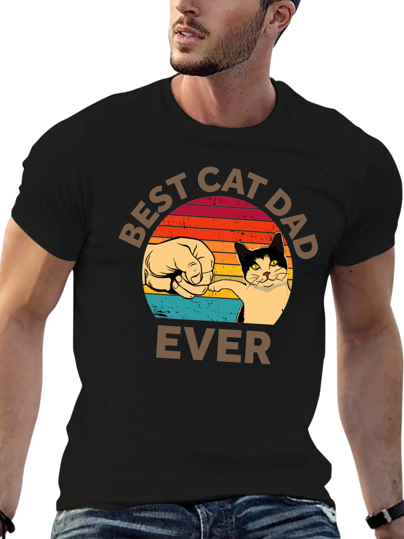 Best Cat Dad Ever T-Shirt Retro Sunset