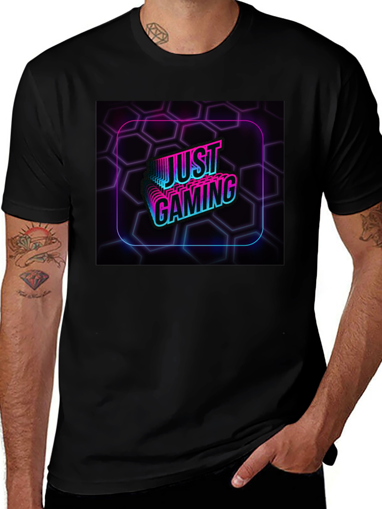 Just Gaming Black T-Shirt - Neon Gamer Design