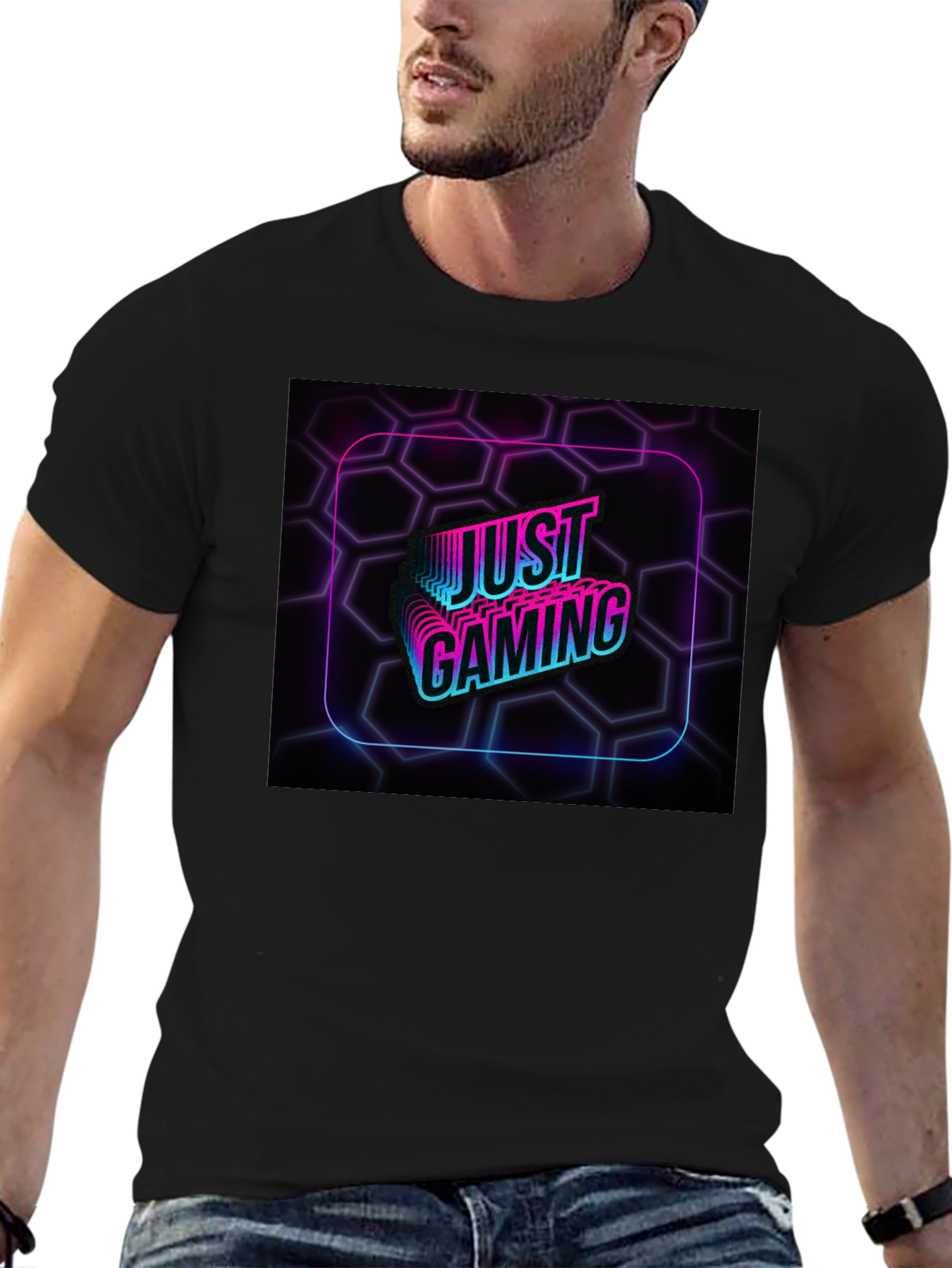 Just Gaming Black T-Shirt - Neon Gamer Design