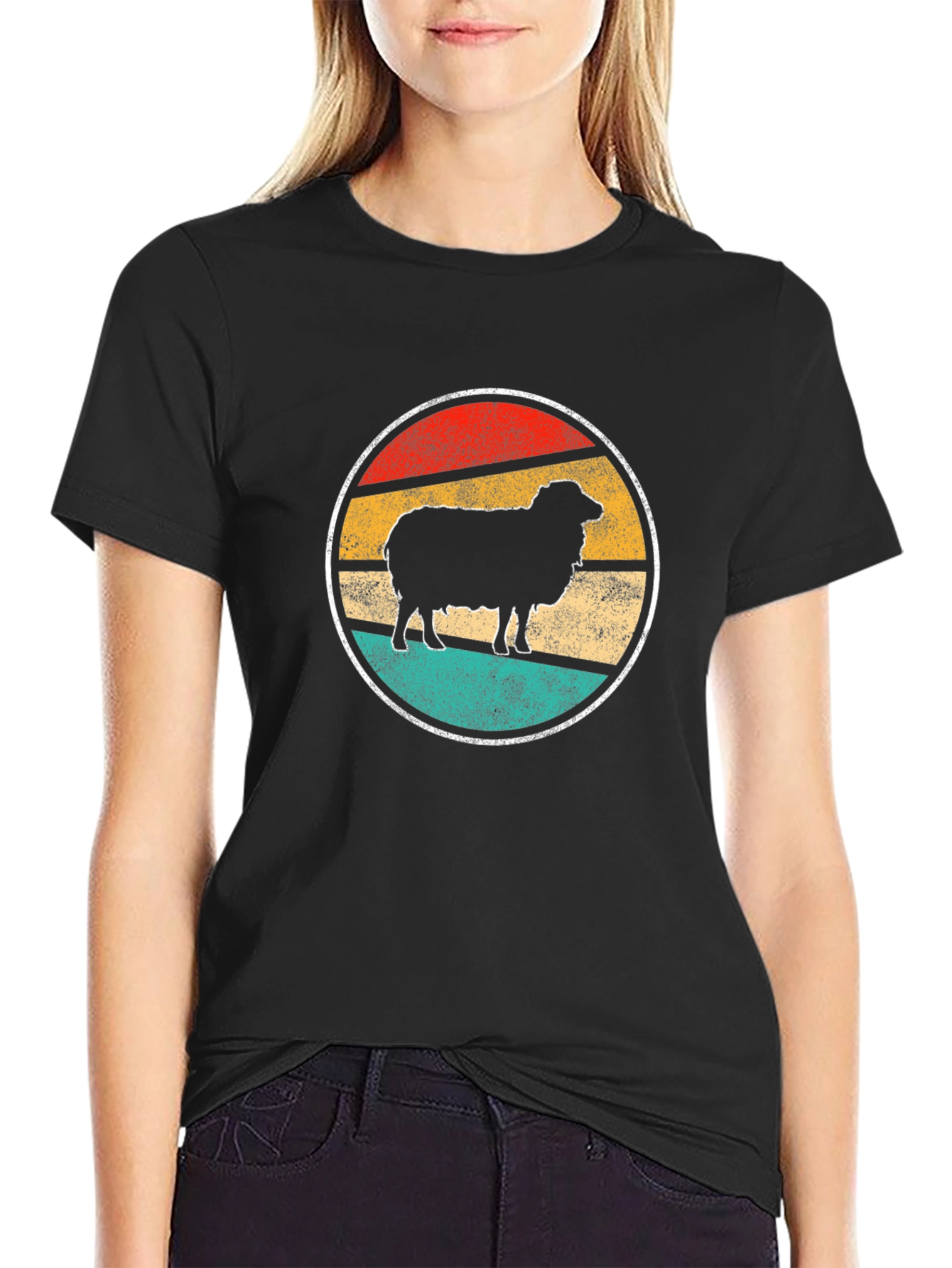 Retro Sheep Graphic Tee - Black Cotton T-Shirt
