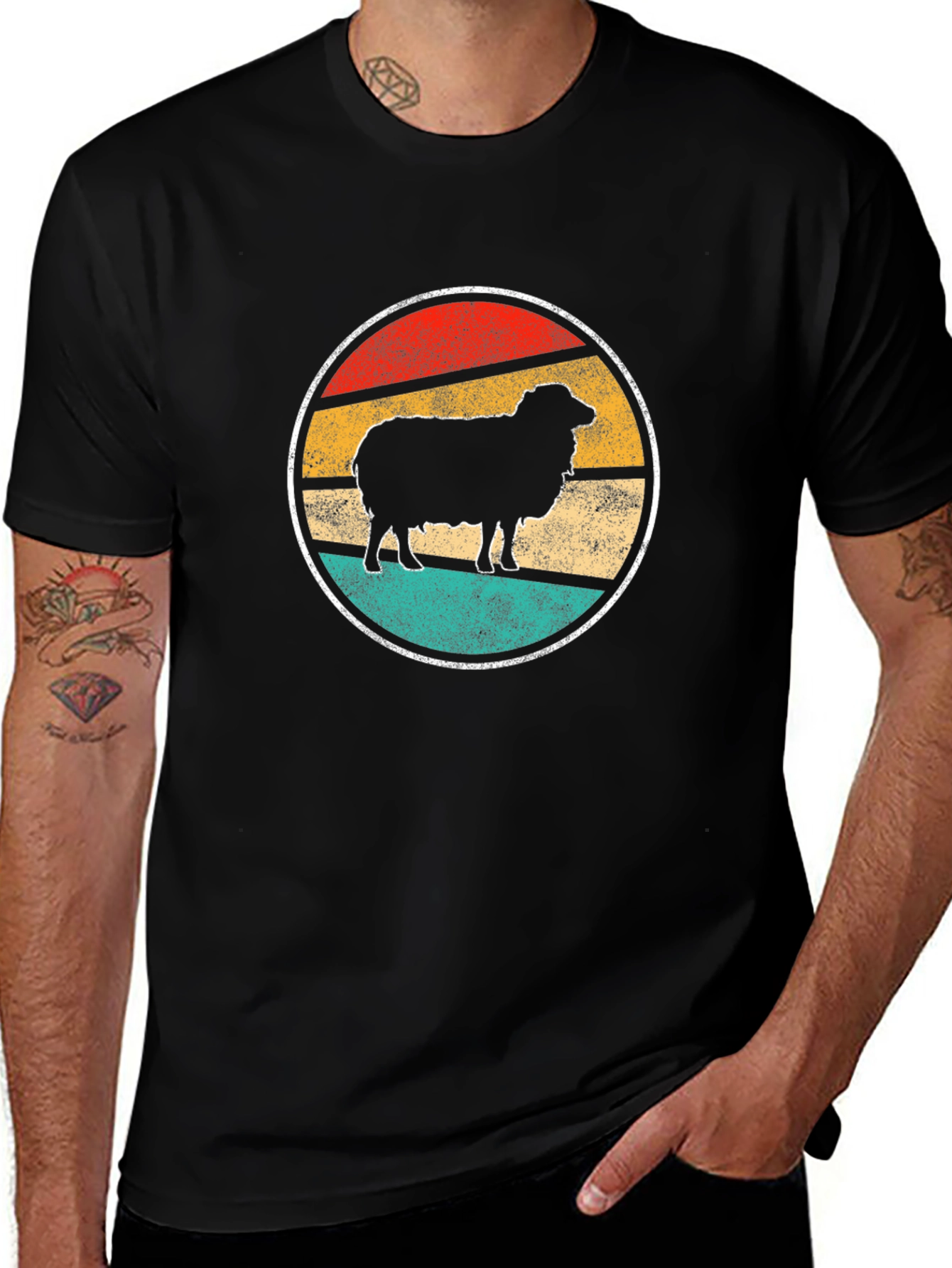 Retro Sheep Graphic Tee - Black Cotton T-Shirt