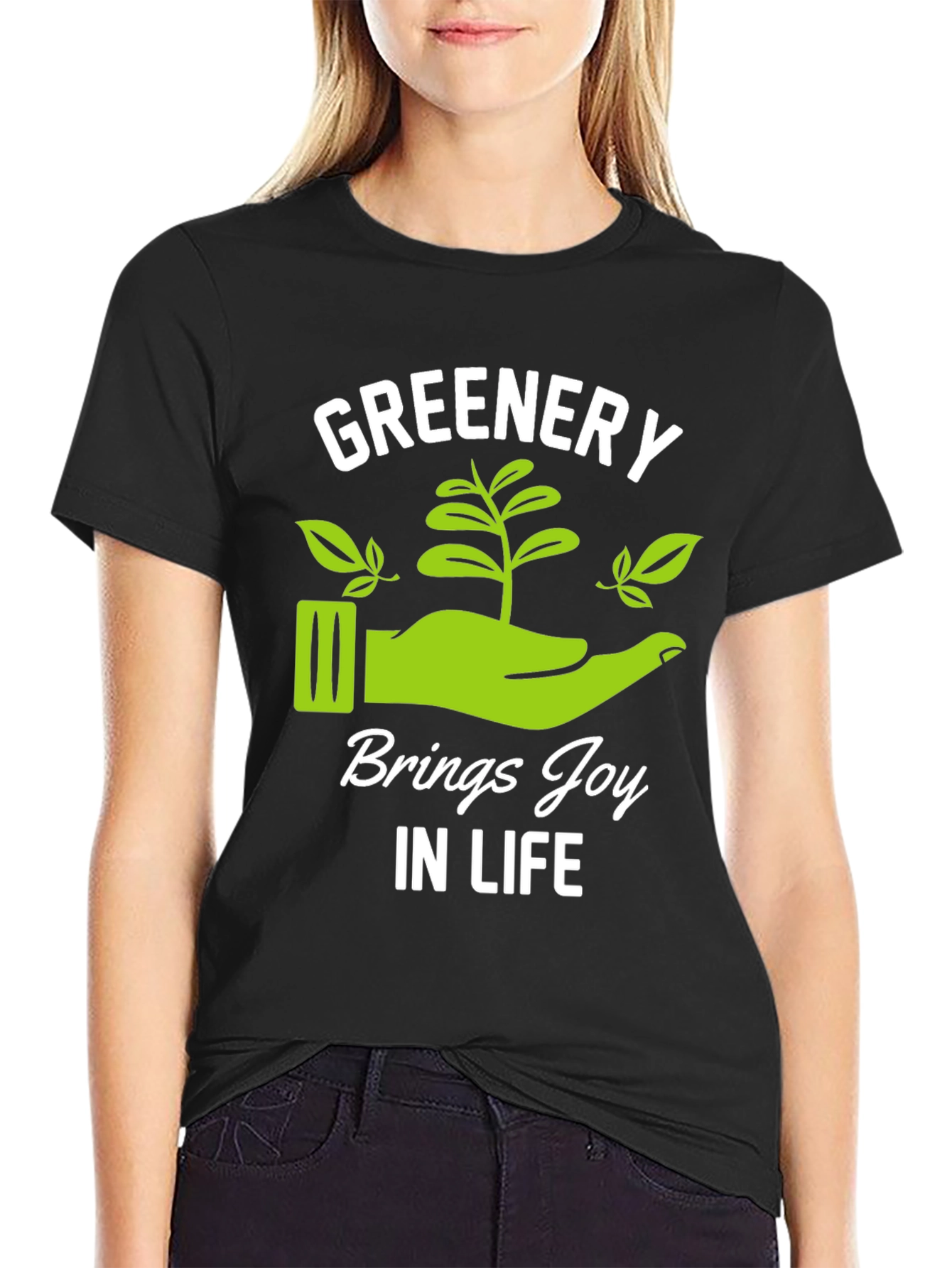 Greenery Brings Joy Black Graphic T-Shirt