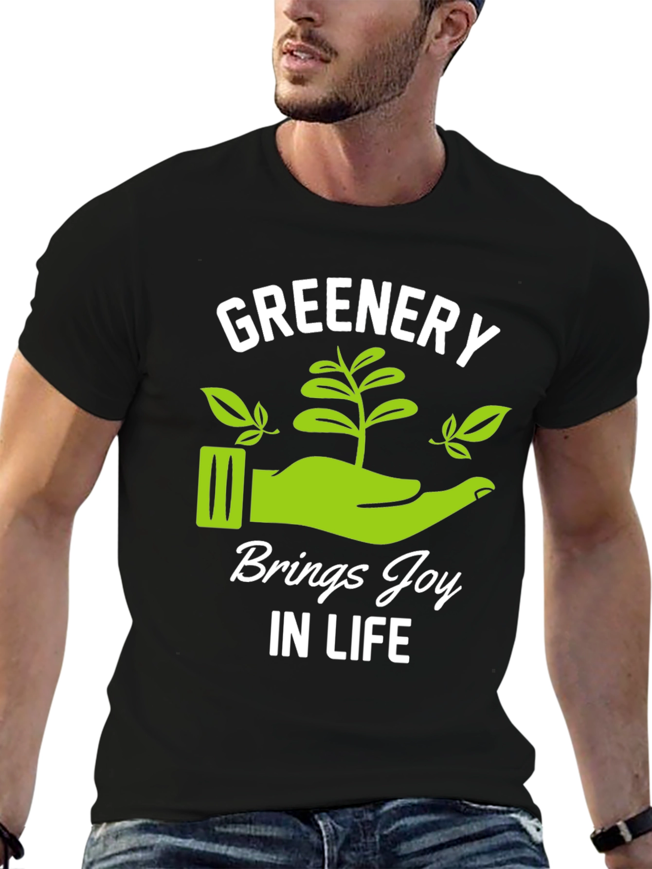 Greenery Brings Joy Black Graphic T-Shirt
