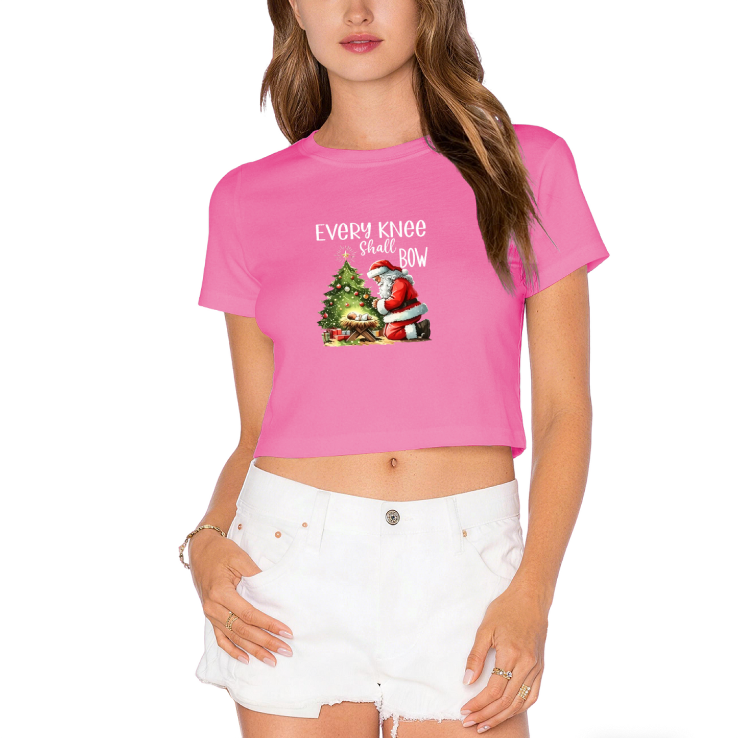 Every Knee Shall Bow Santa Kneeling At Manger Festive Women Crop Top