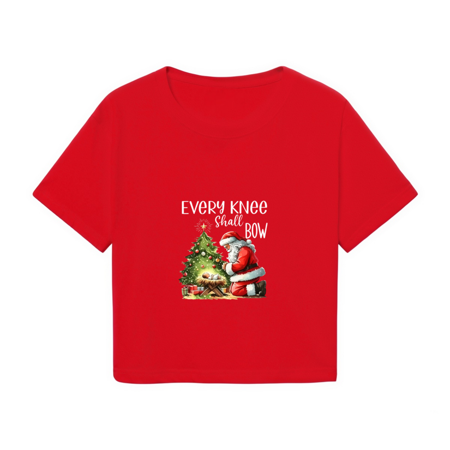 Every Knee Shall Bow Santa Kneeling At Manger Festive Women Crop Top