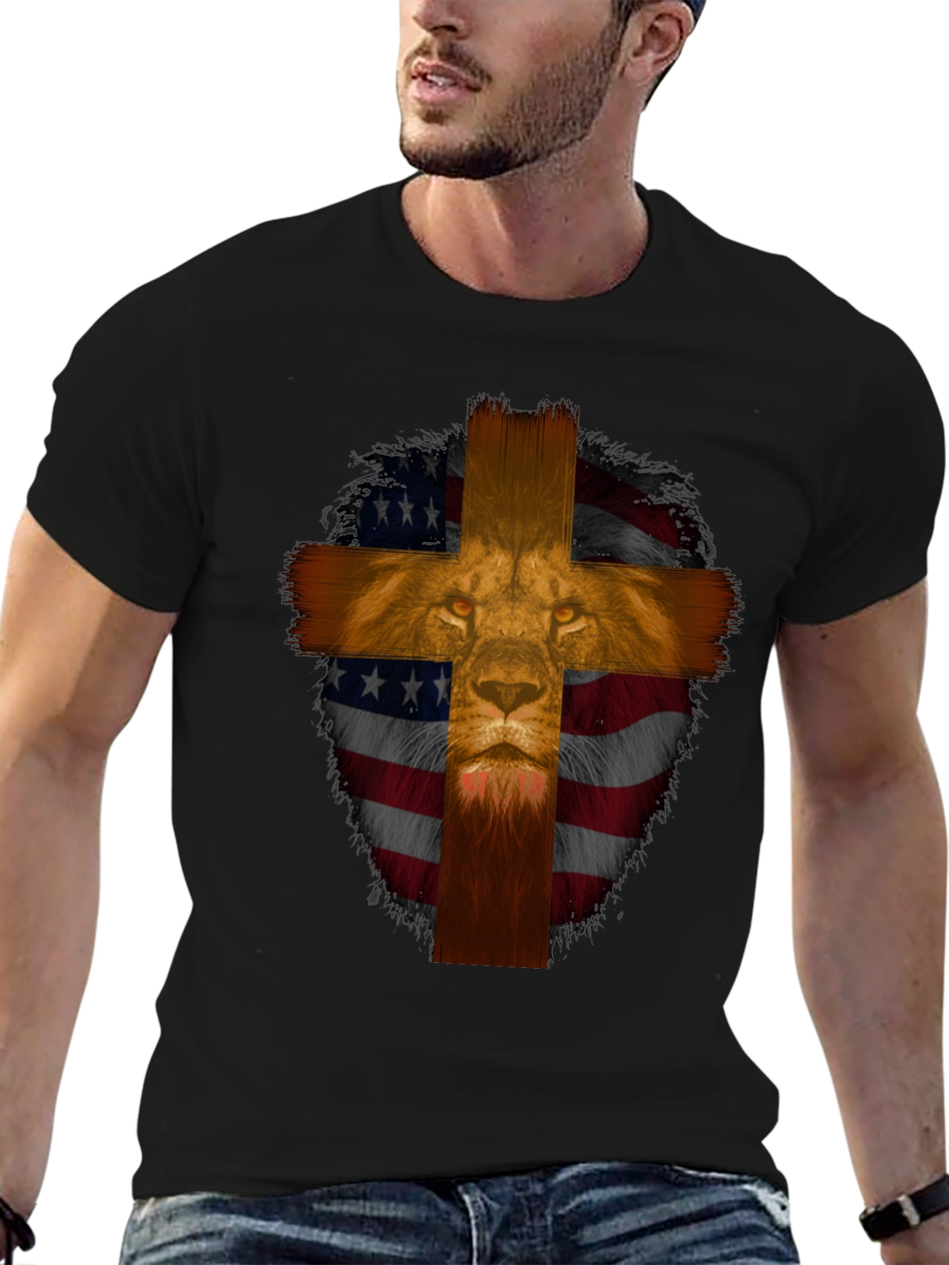 Lion Cross American Flag Graphic T-Shirt