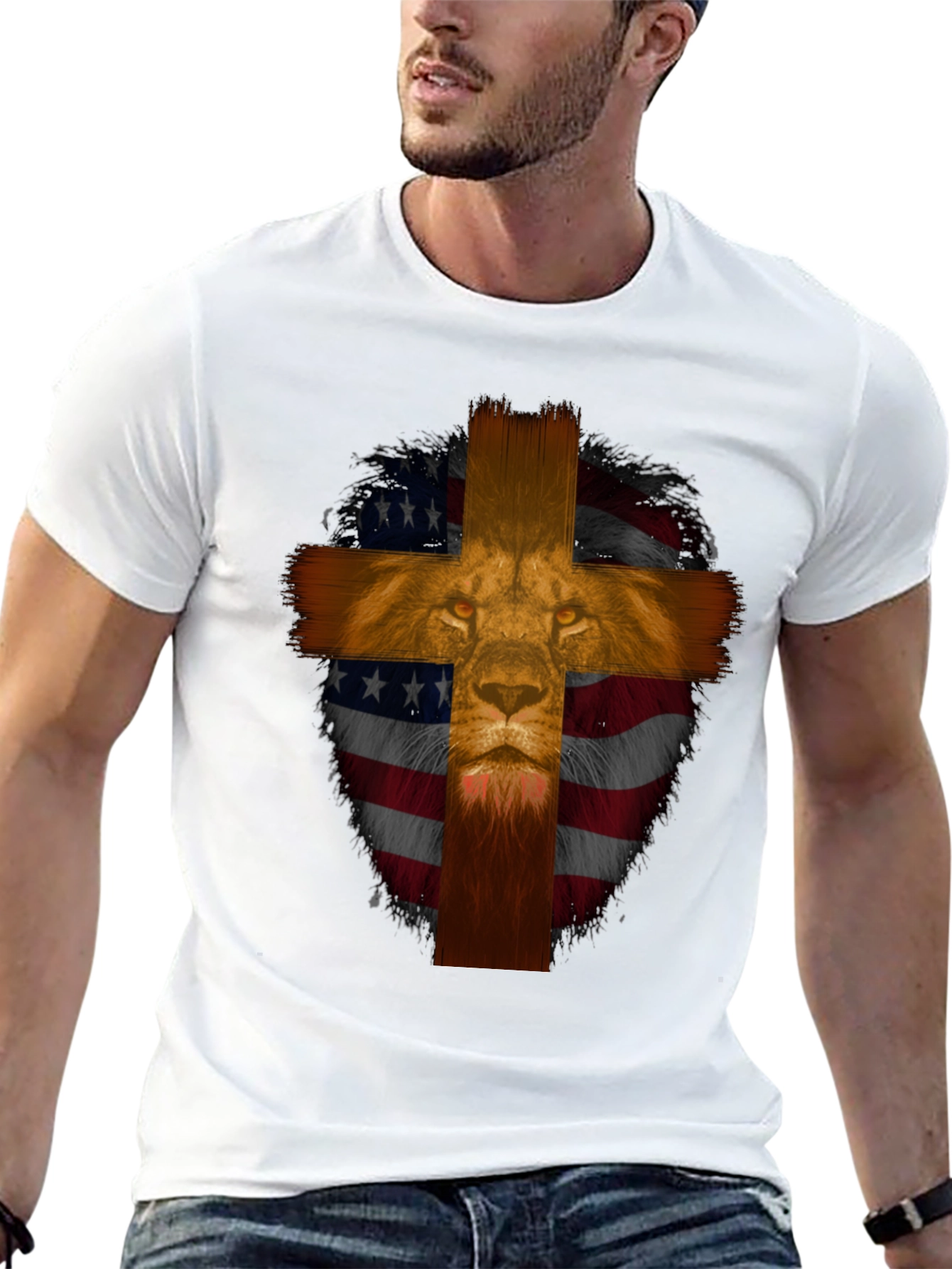 Lion Cross American Flag Graphic T-Shirt