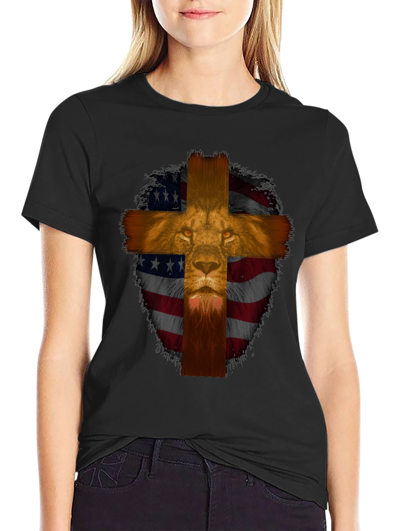 Lion Cross American Flag Graphic T-Shirt
