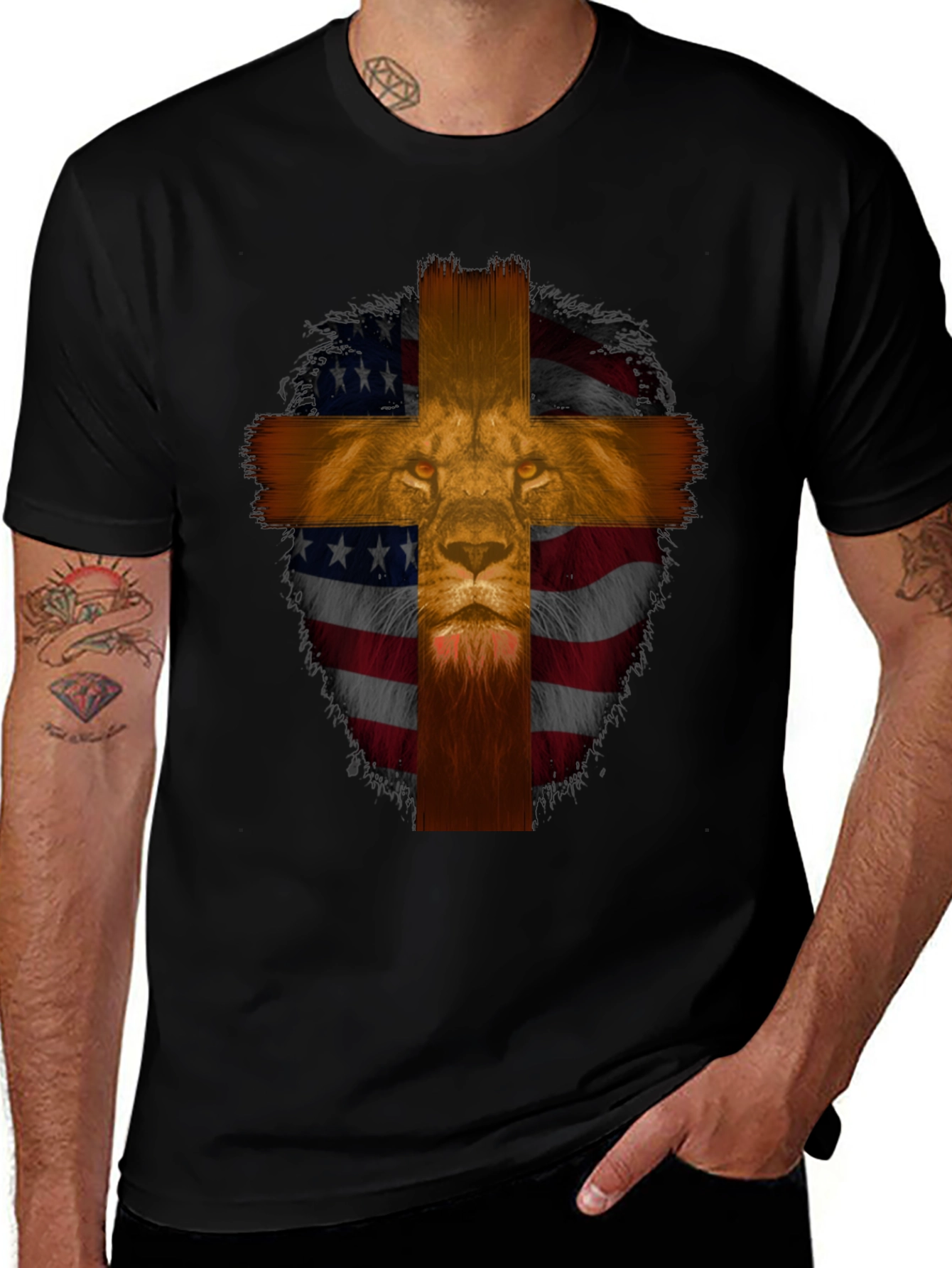Lion Cross American Flag Graphic T-Shirt