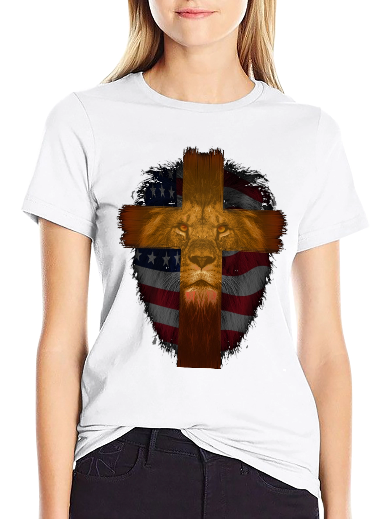 Lion Cross American Flag Graphic T-Shirt