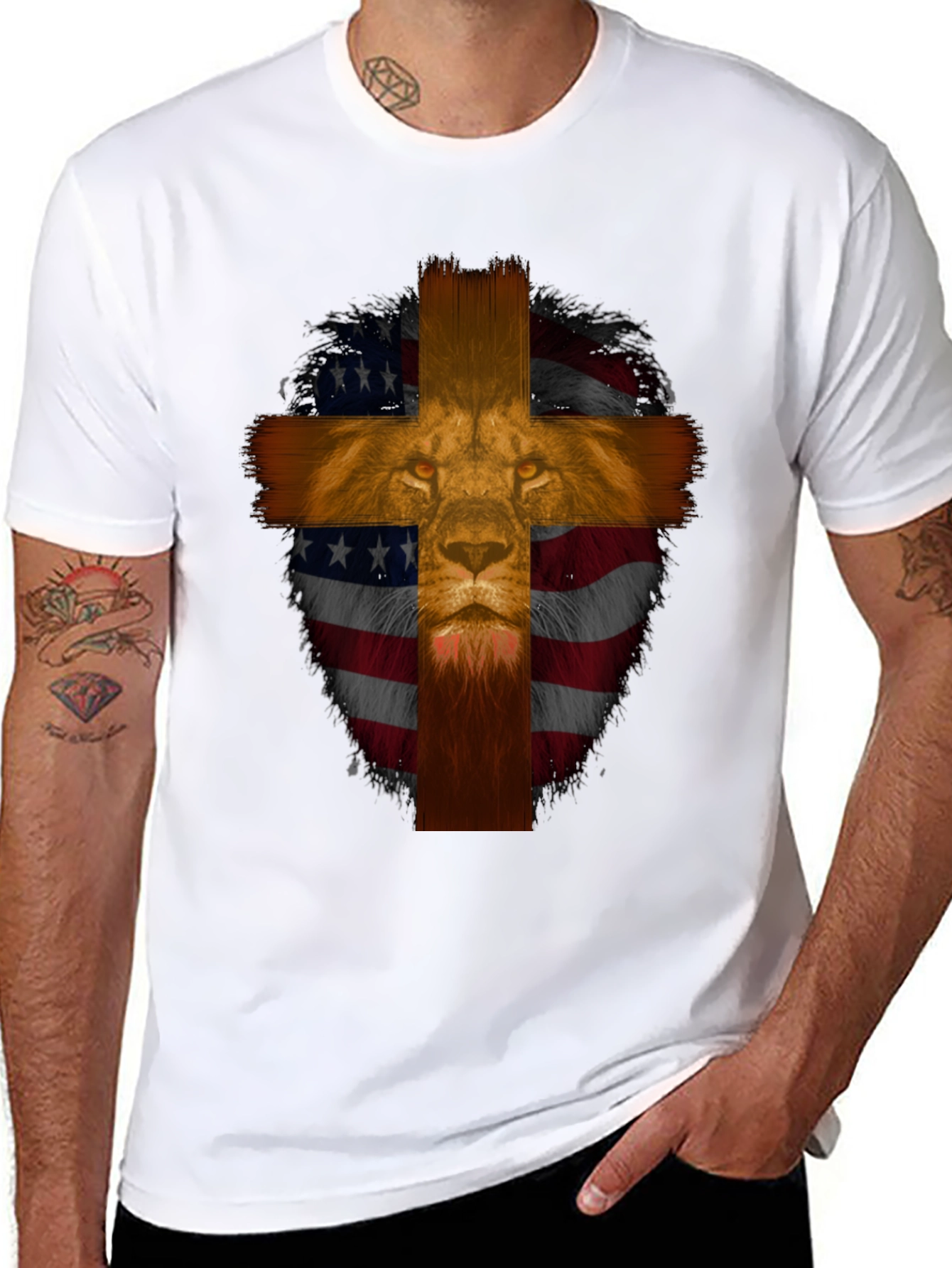 Lion Cross American Flag Graphic T-Shirt