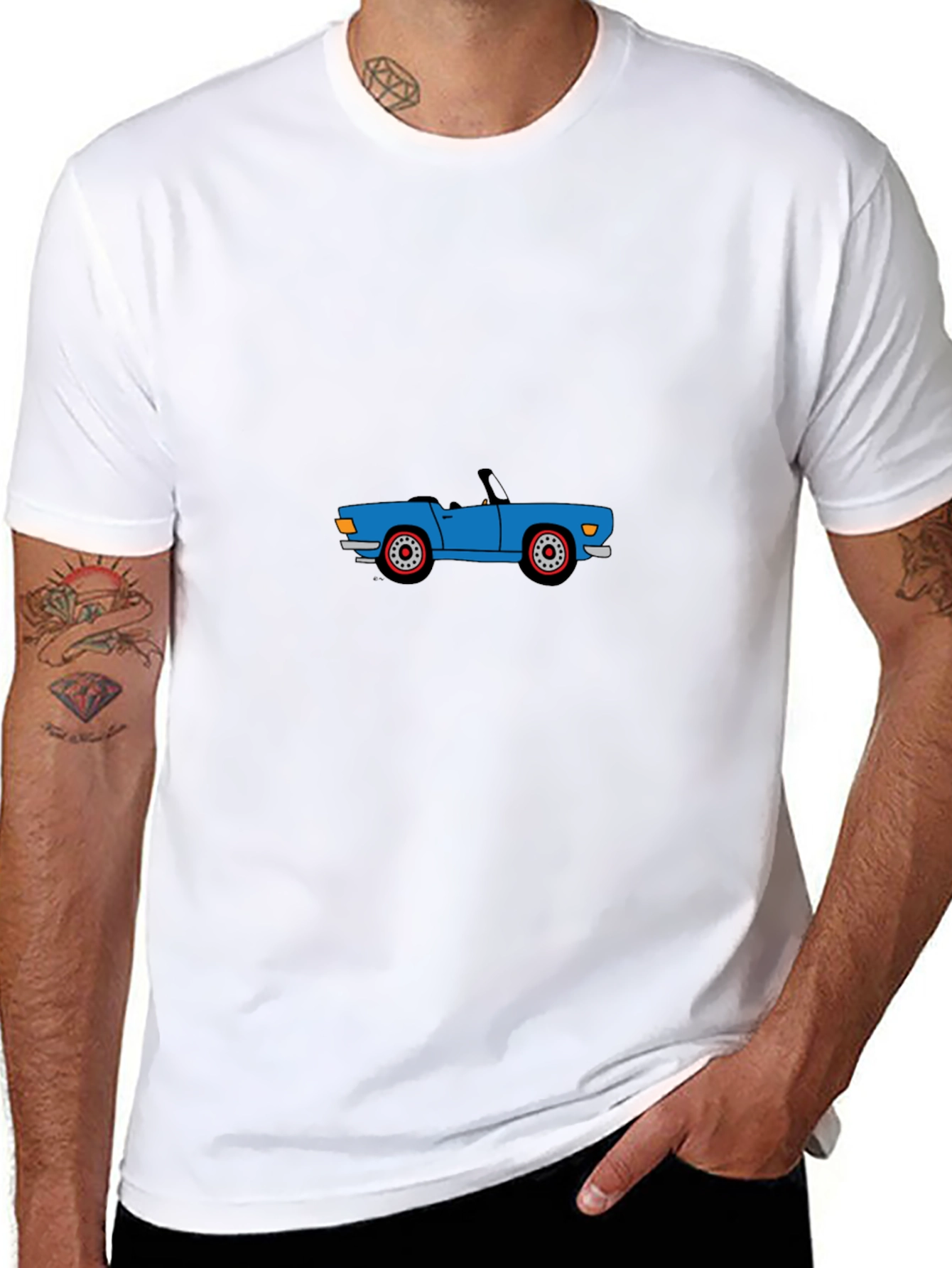 Blue Cartoon Car Graphic Black T-Shirt