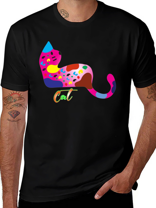 Colorful Cat Design Black T-Shirt
