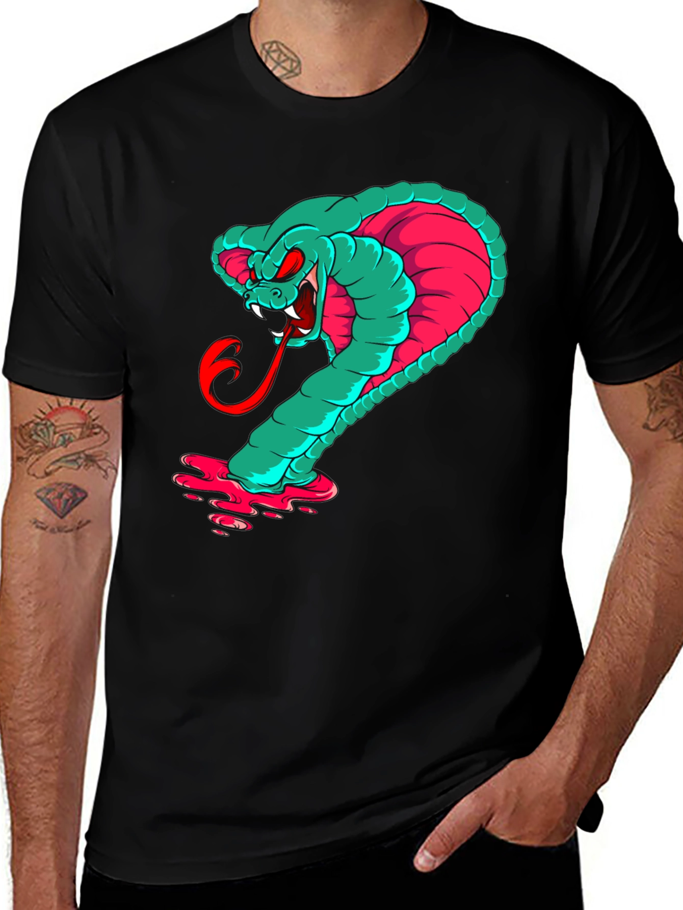 Mens Graphic Cobra T-Shirt - Teal & Pink Snake