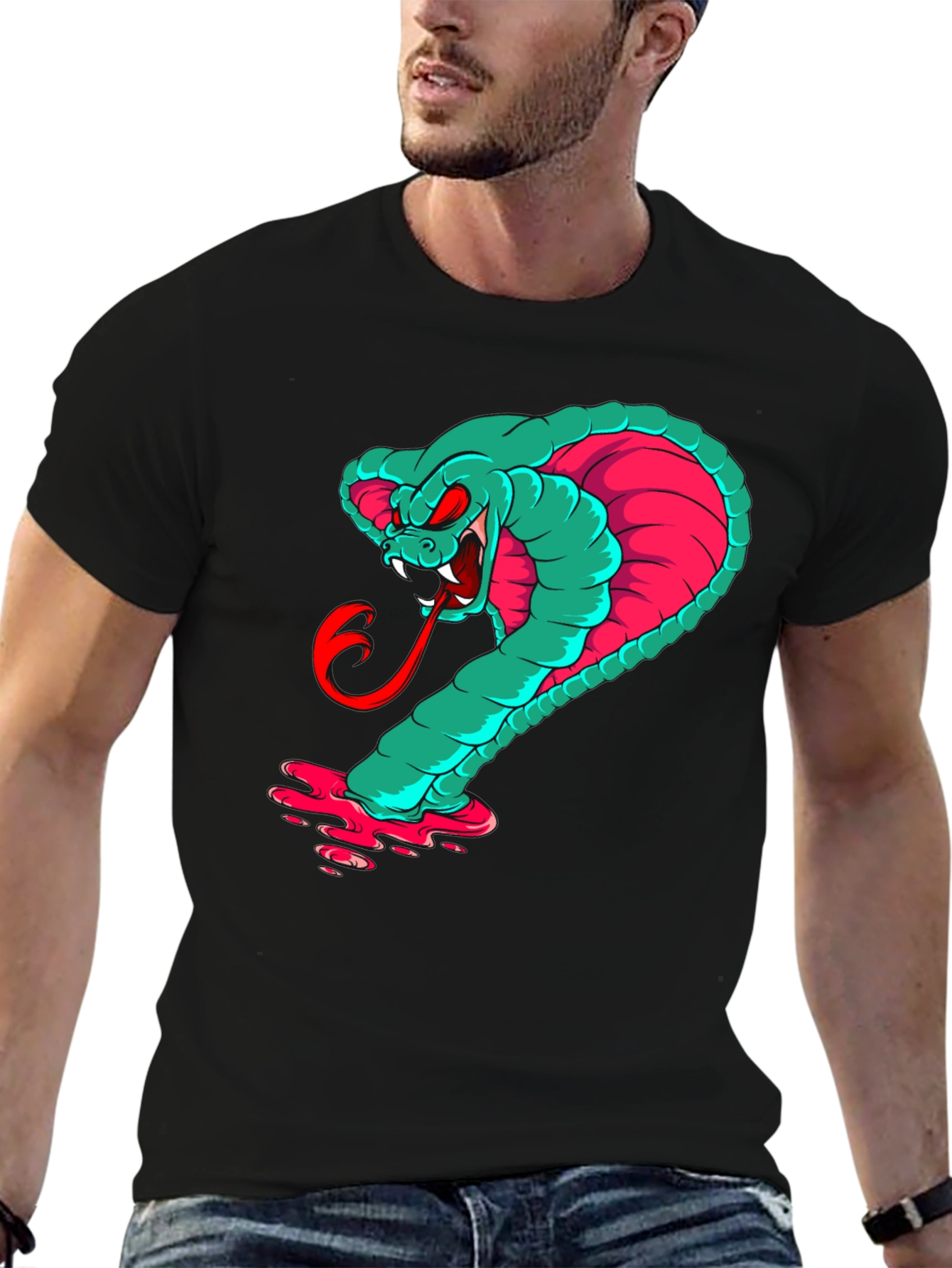 Mens Graphic Cobra T-Shirt - Teal & Pink Snake