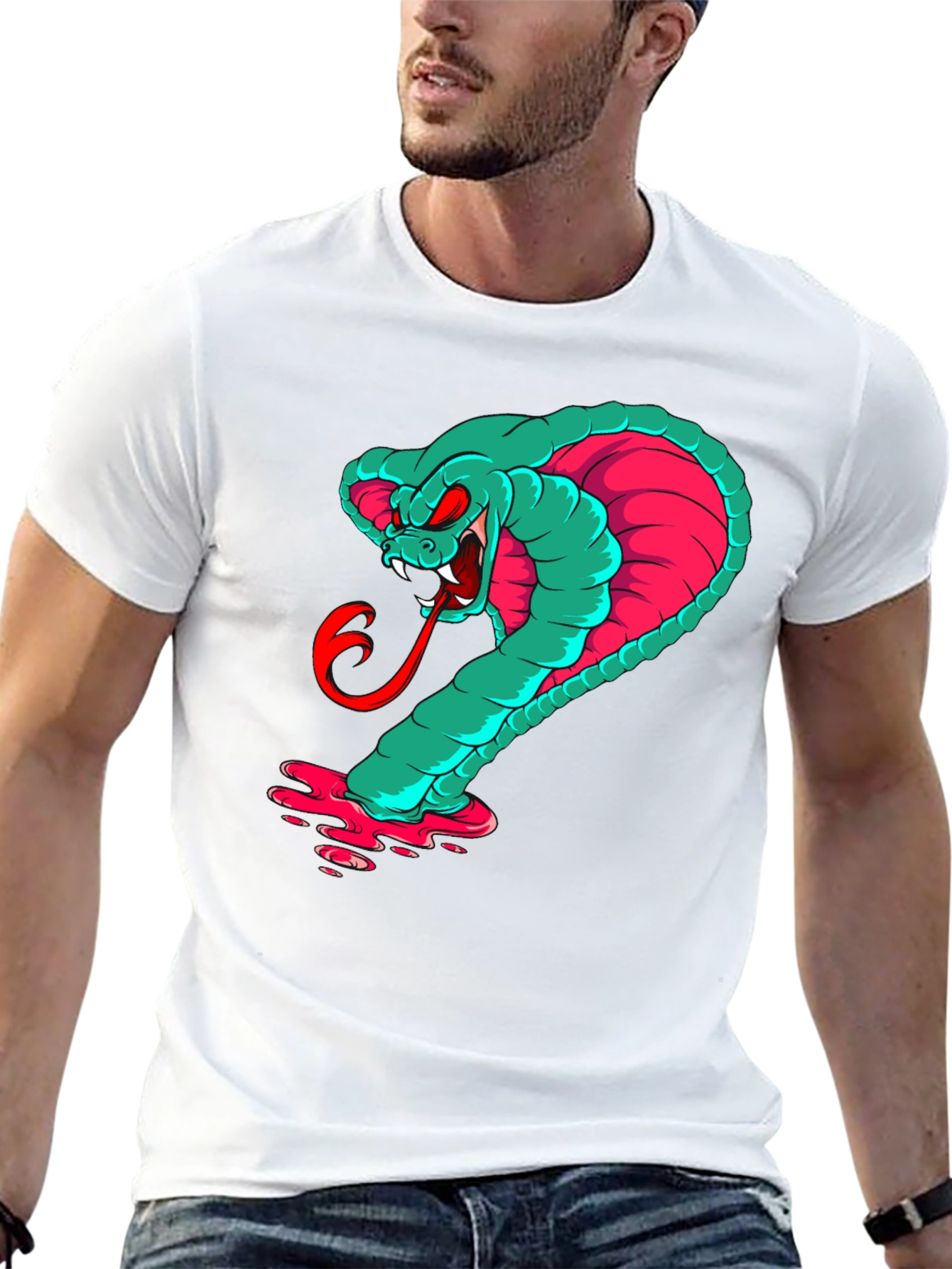Mens Graphic Cobra T-Shirt - Teal & Pink Snake