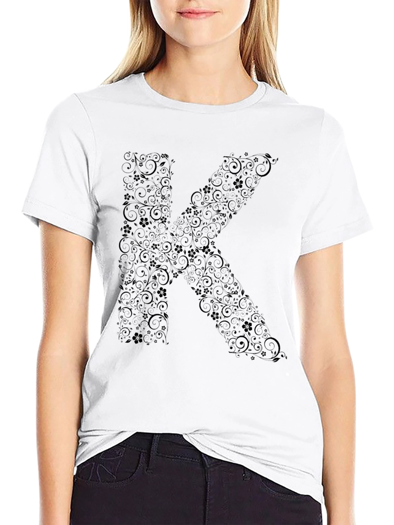 Floral Letter K Black T-Shirt