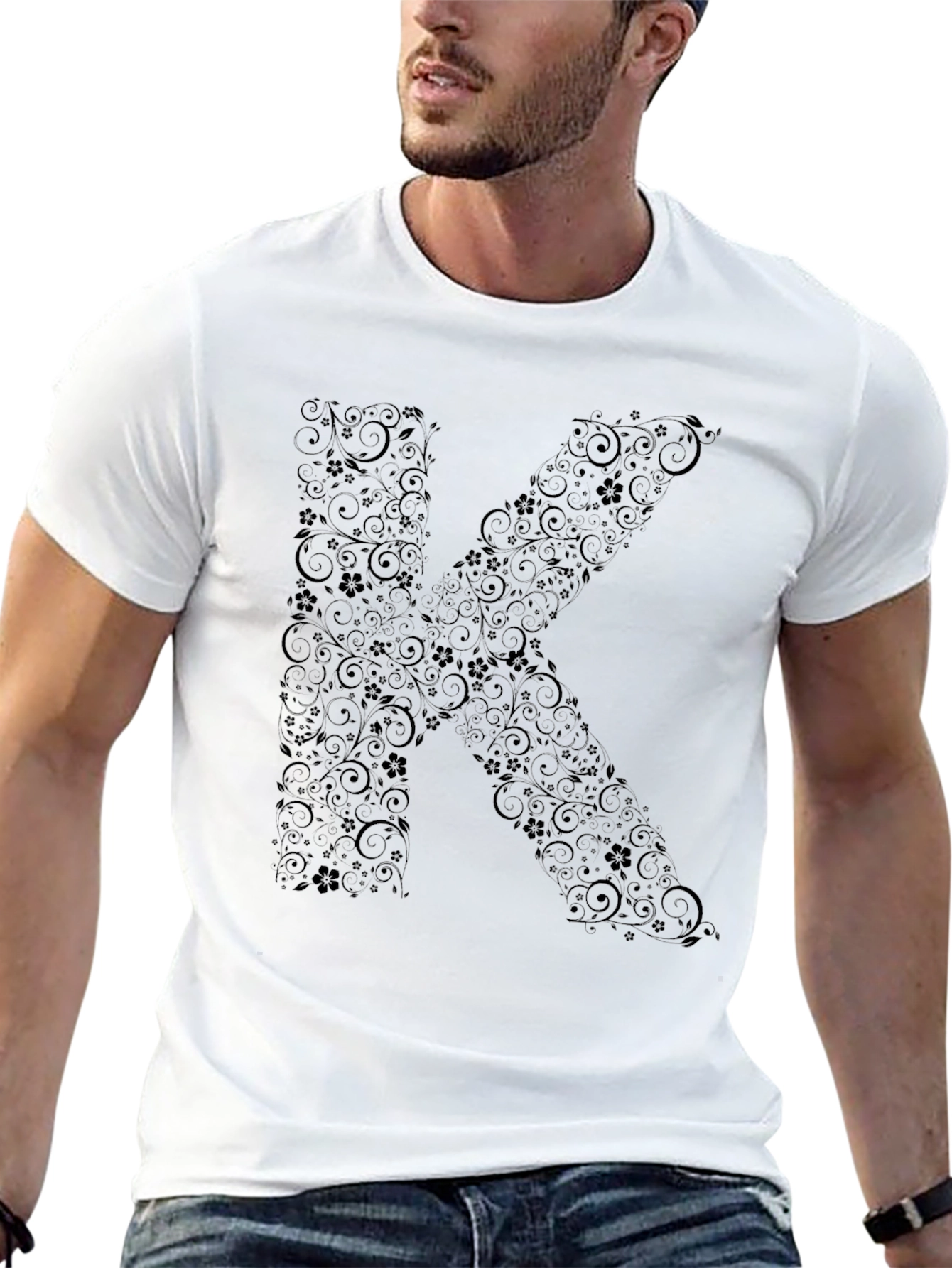 Floral Letter K Black T-Shirt