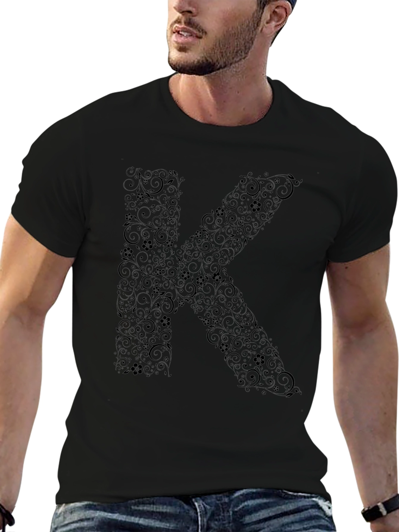 Floral Letter K Black T-Shirt