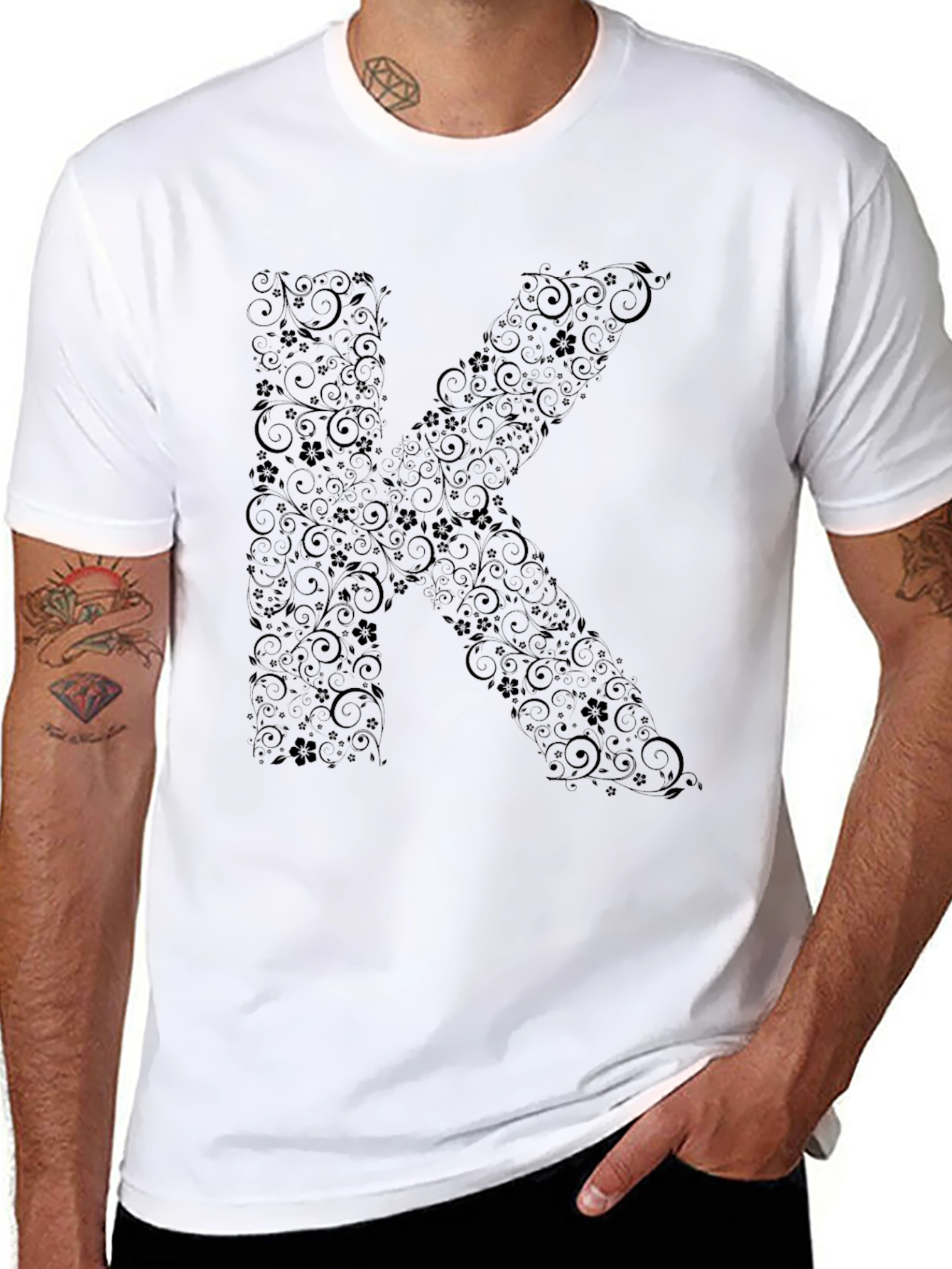 Floral Letter K Black T-Shirt