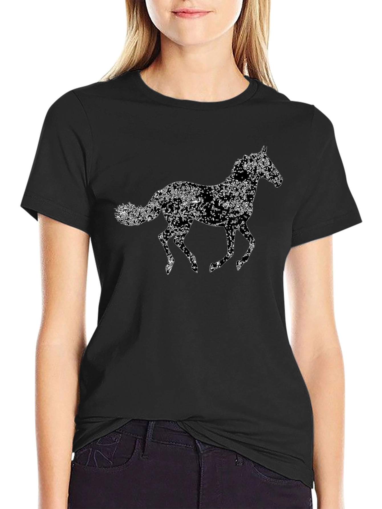 Floral Horse Graphic Tee - Black Cotton