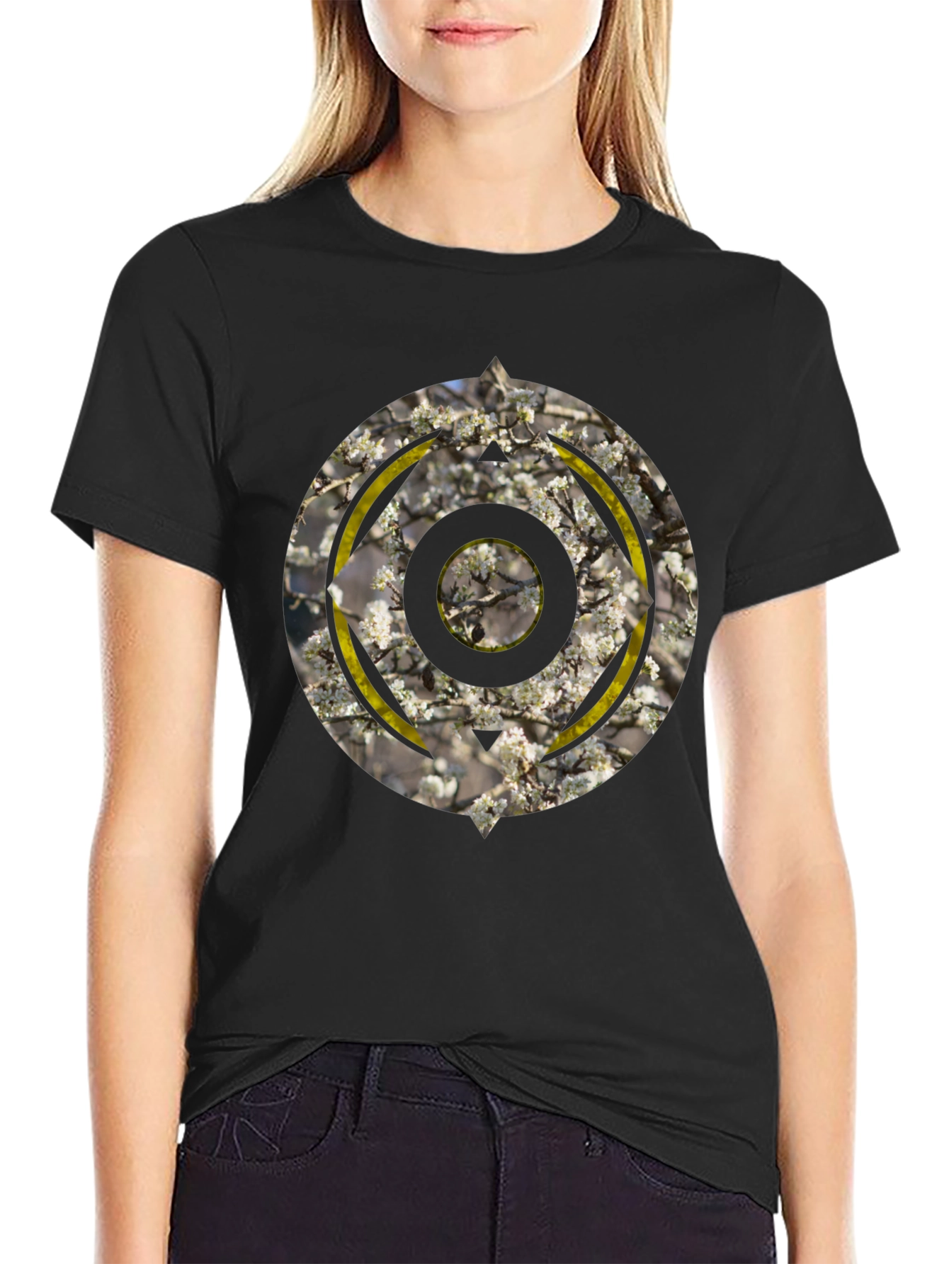 Abstract Circular Graphic Print Black T-Shirt